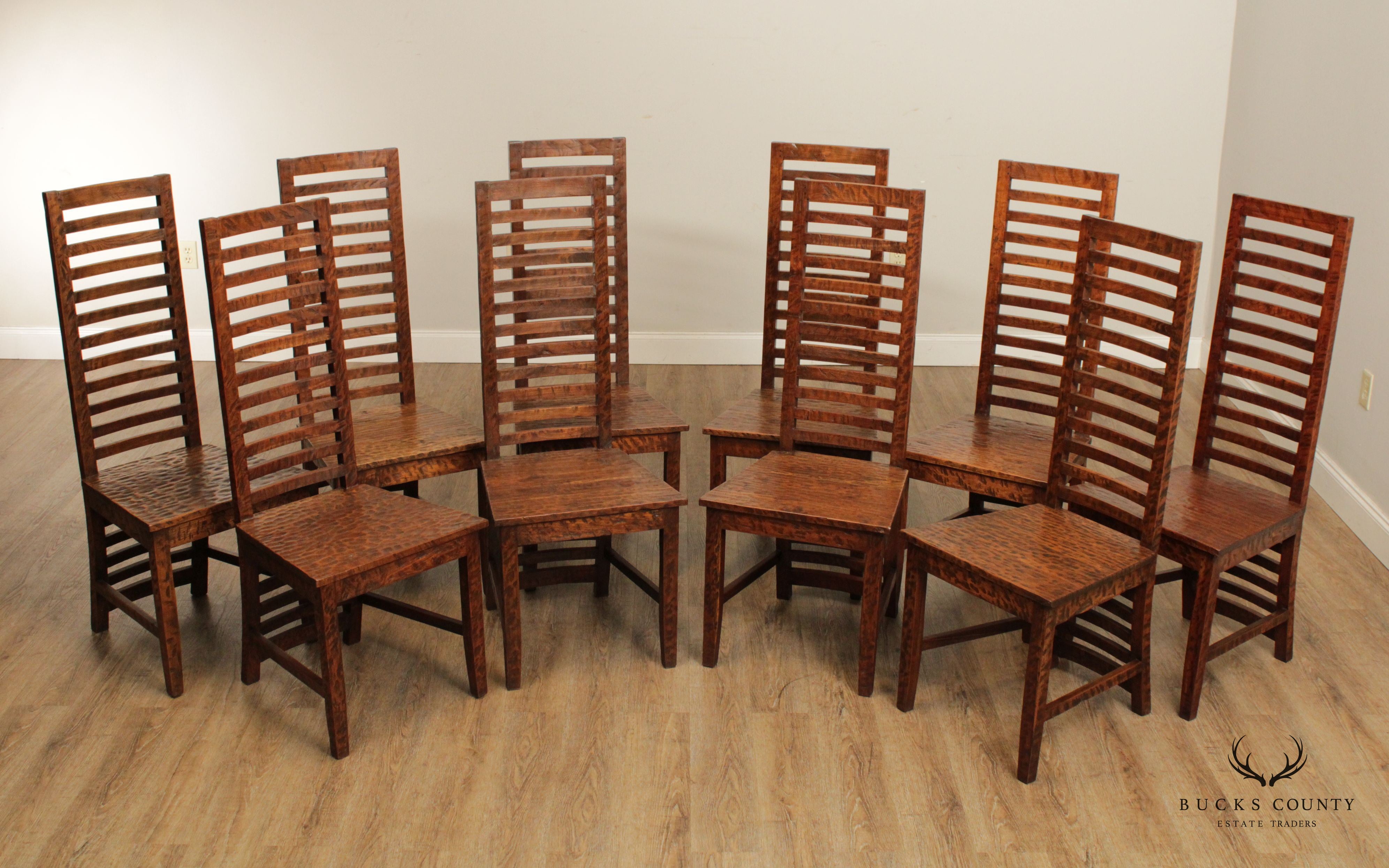 Rustic Arts and Crafts Style Set of Ten High Back Dining Chairs