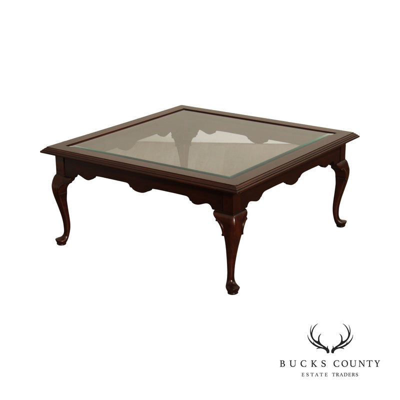 Ethan Allen Georgian Court Queen Anne Style Glass Top Cherry Coffee Table