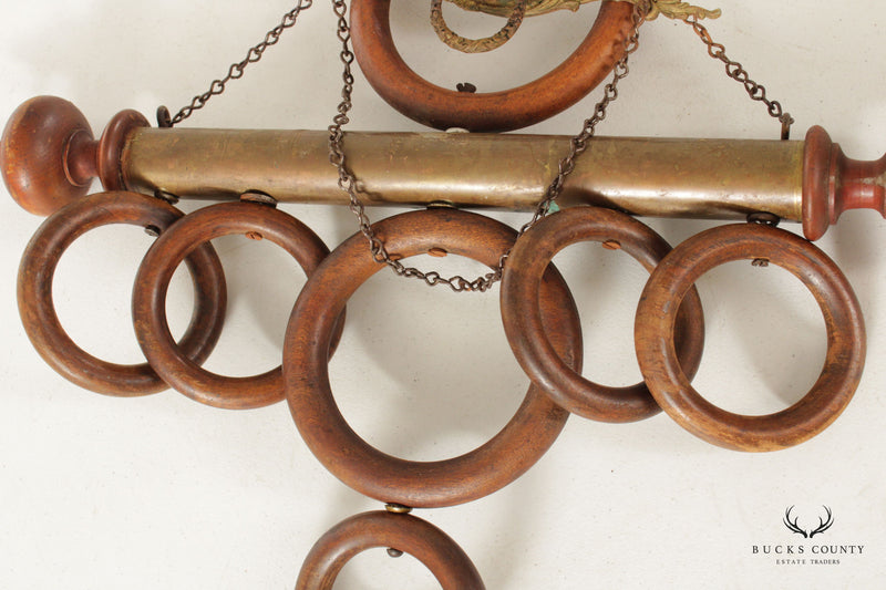 Antique Victorian Wood Rings and Brass Hanging Towel Rack