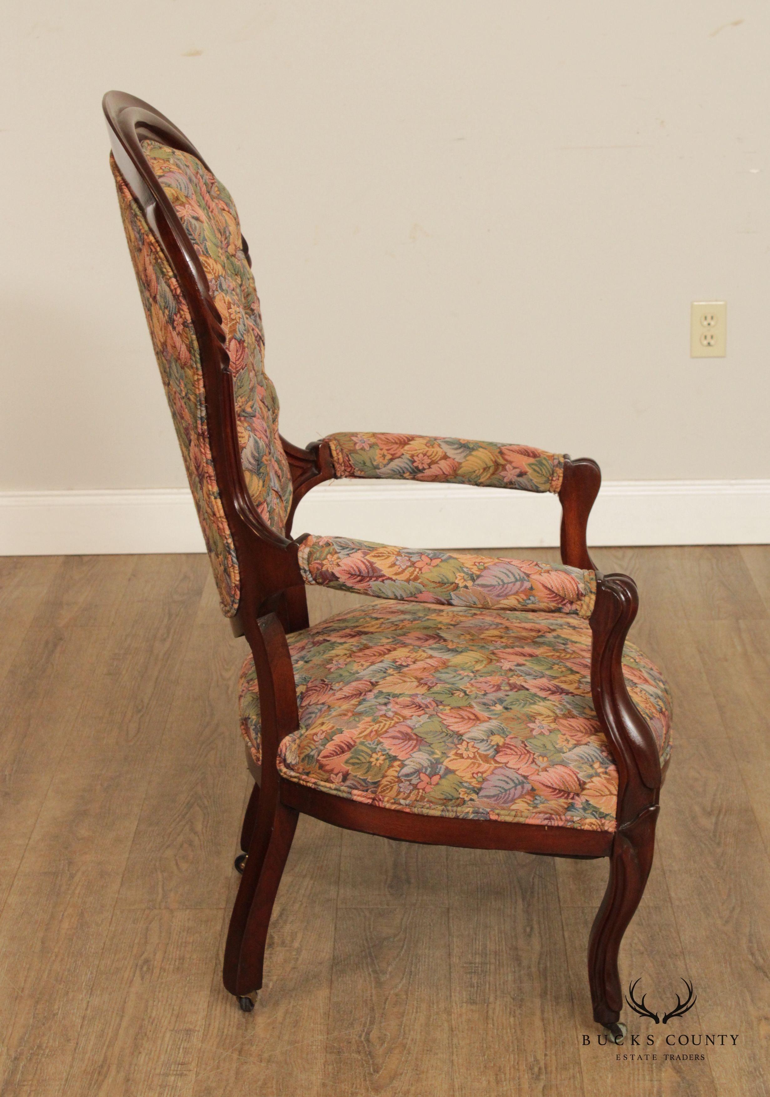 Antique Victorian Custom Upholstered Walnut Parlor Armchair