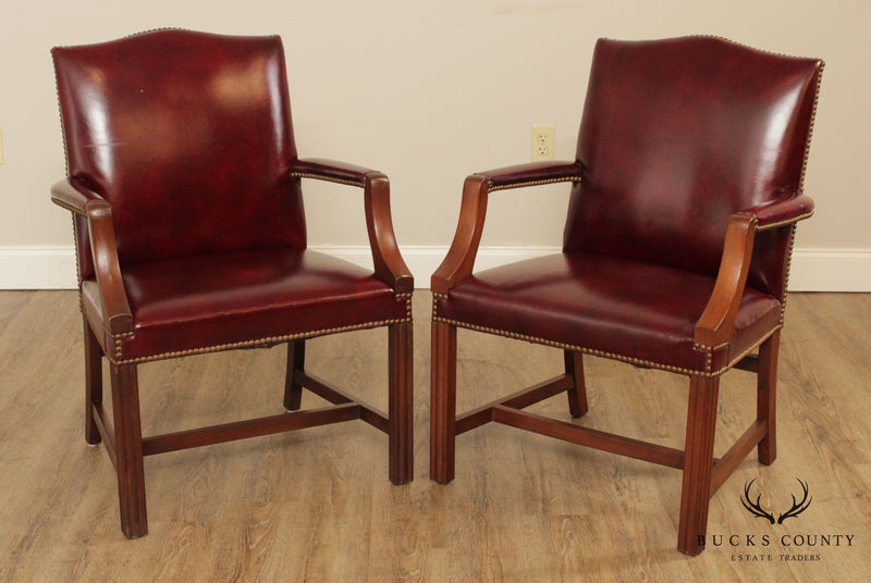 Chippendale Style Pair Mahogany Oxblood Leather Library Armchairs