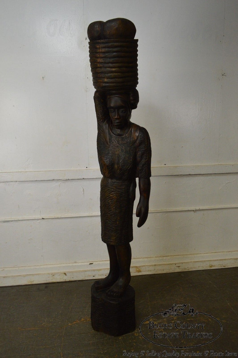 Haitian Vintage Hand Carved Wooden Folk Art Statue Woman Holding Basket on Head