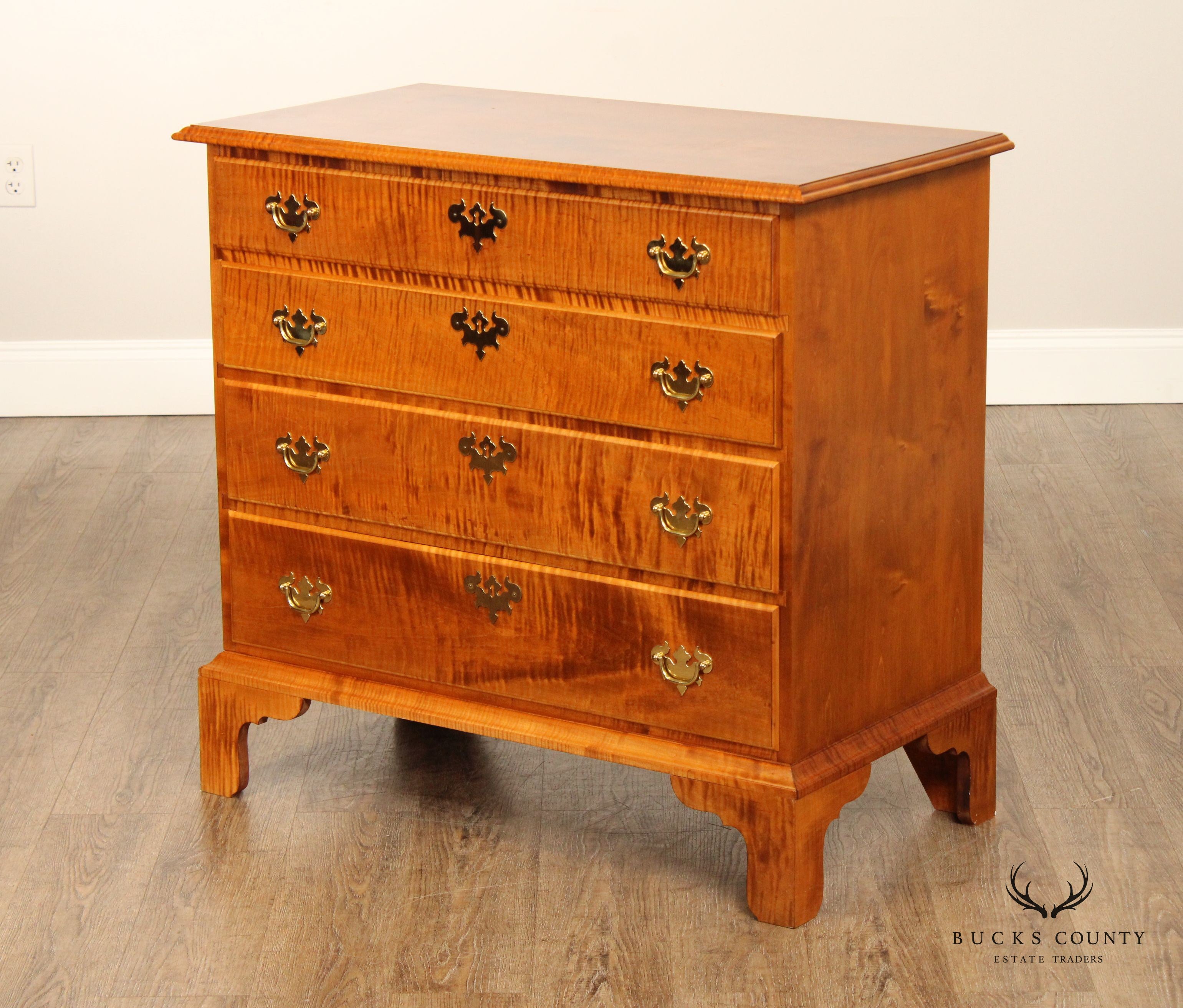 Tiger Maple Custom Crafted Chippendale Style Chest Of Drawers