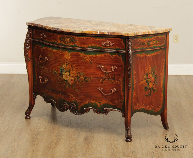 Johnson Furniture Co. Vintage French Louis XV Style Marble Top Paint Decorated Commode