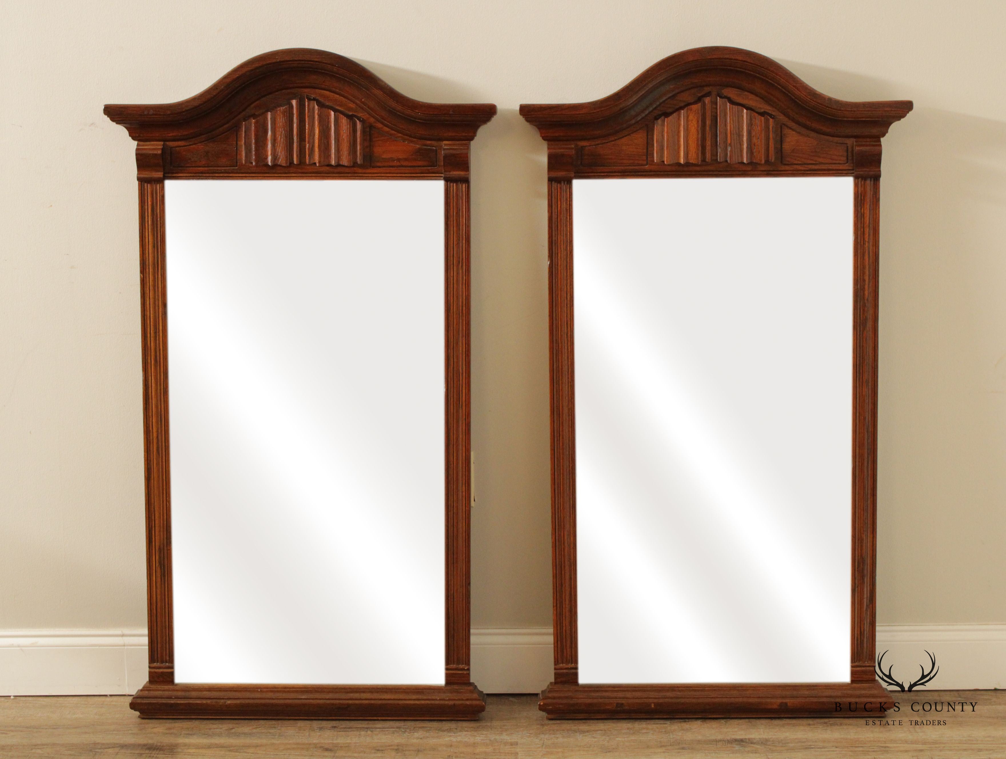 Ethan Allen Royal Charter Oak Vintage Jacobean Style Pair Wall Mirrors