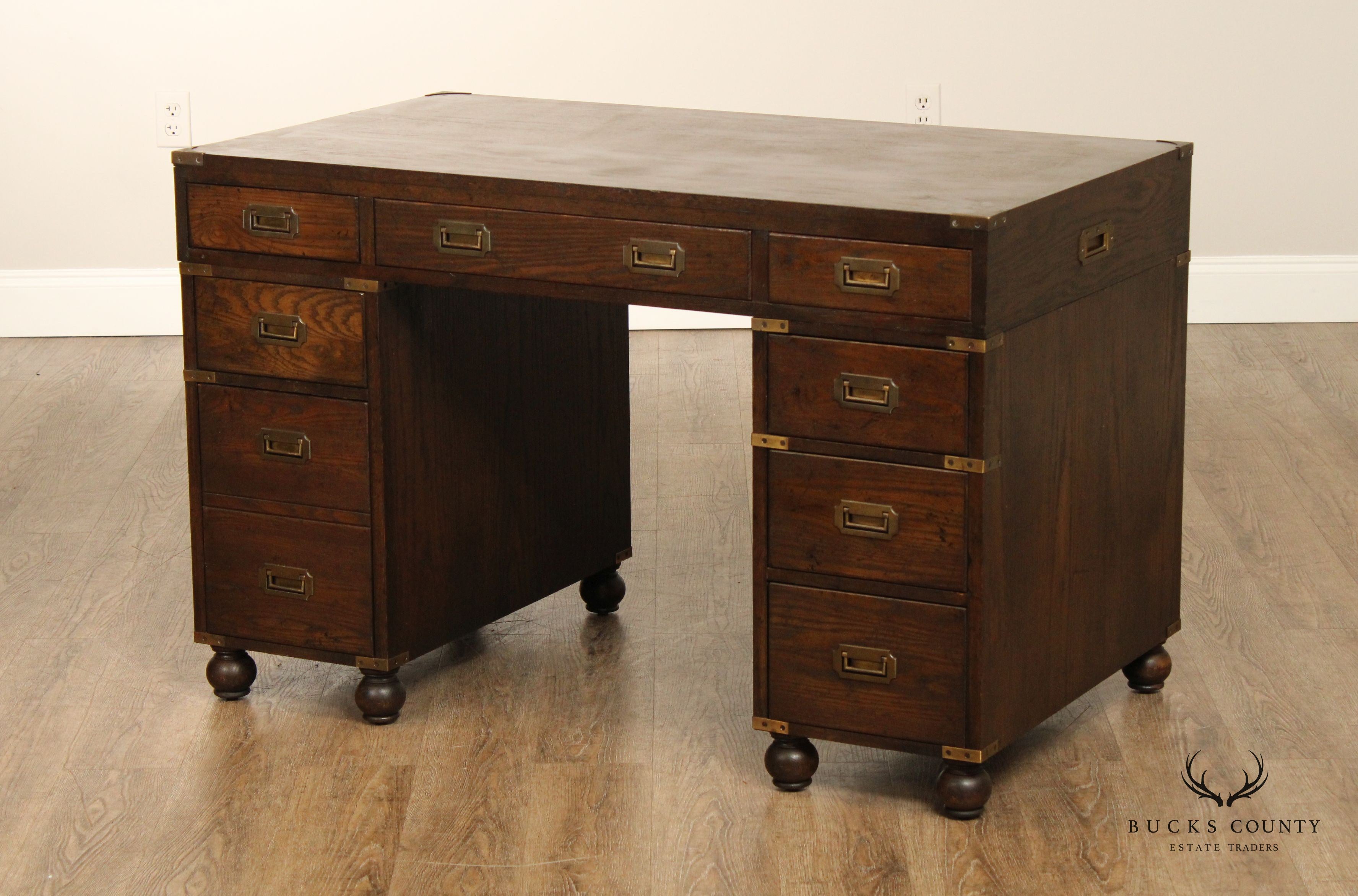 Campaign Style Vintage Oak Pedestal Writing Desk