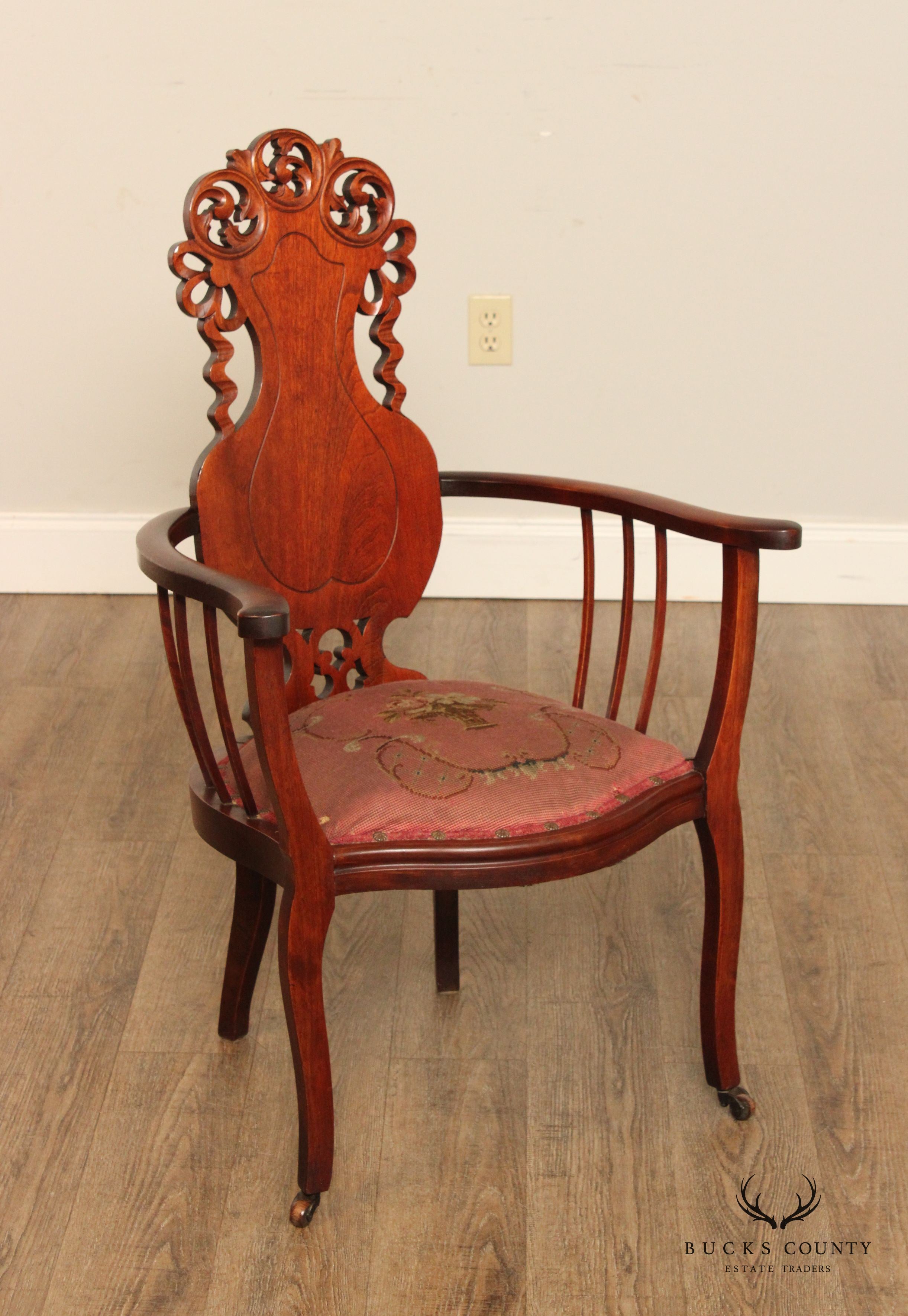 Antique Art Nouveau Carved Mahogany Armchair