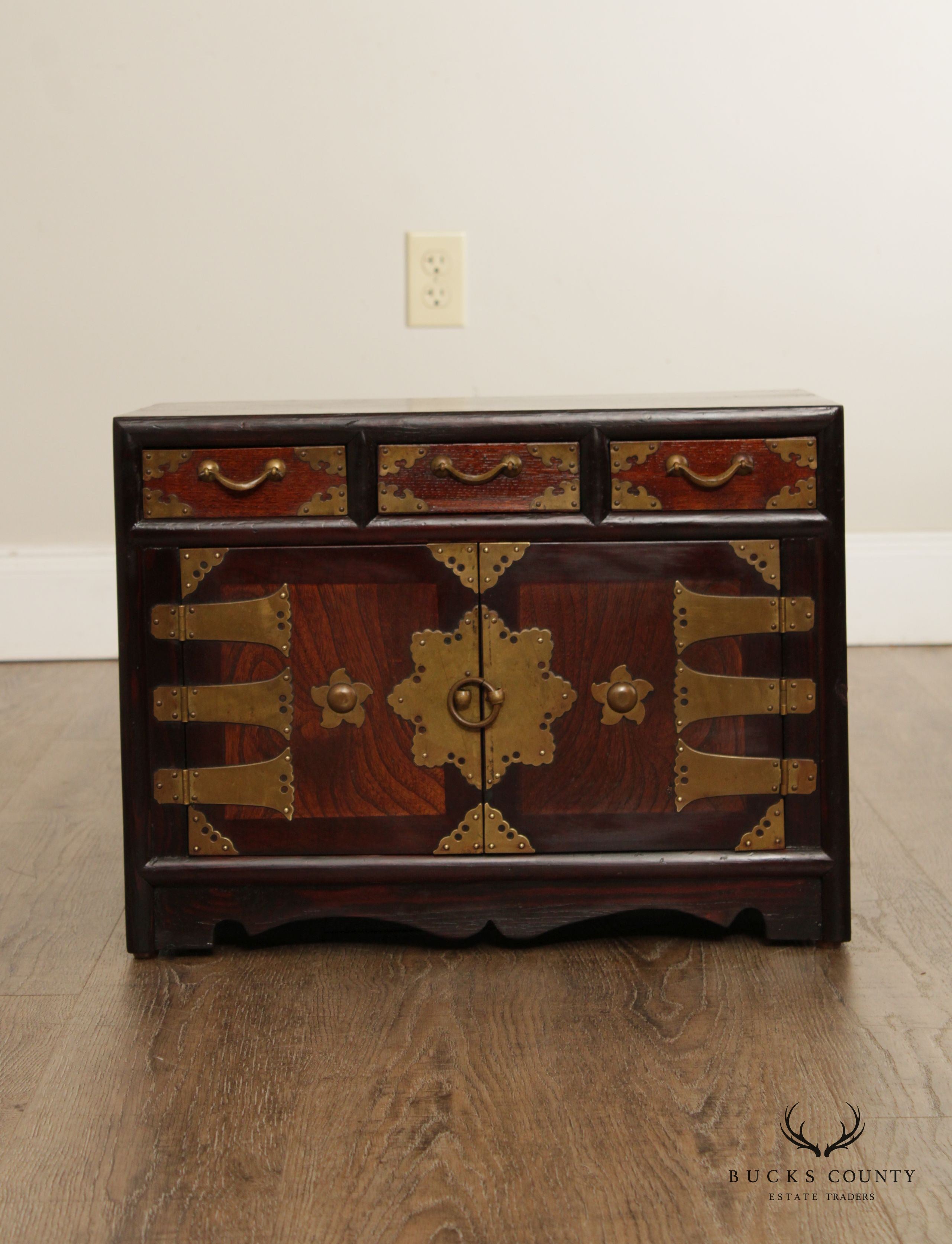 Vintage Korean Pair of Elm and Brass Valuables Chests