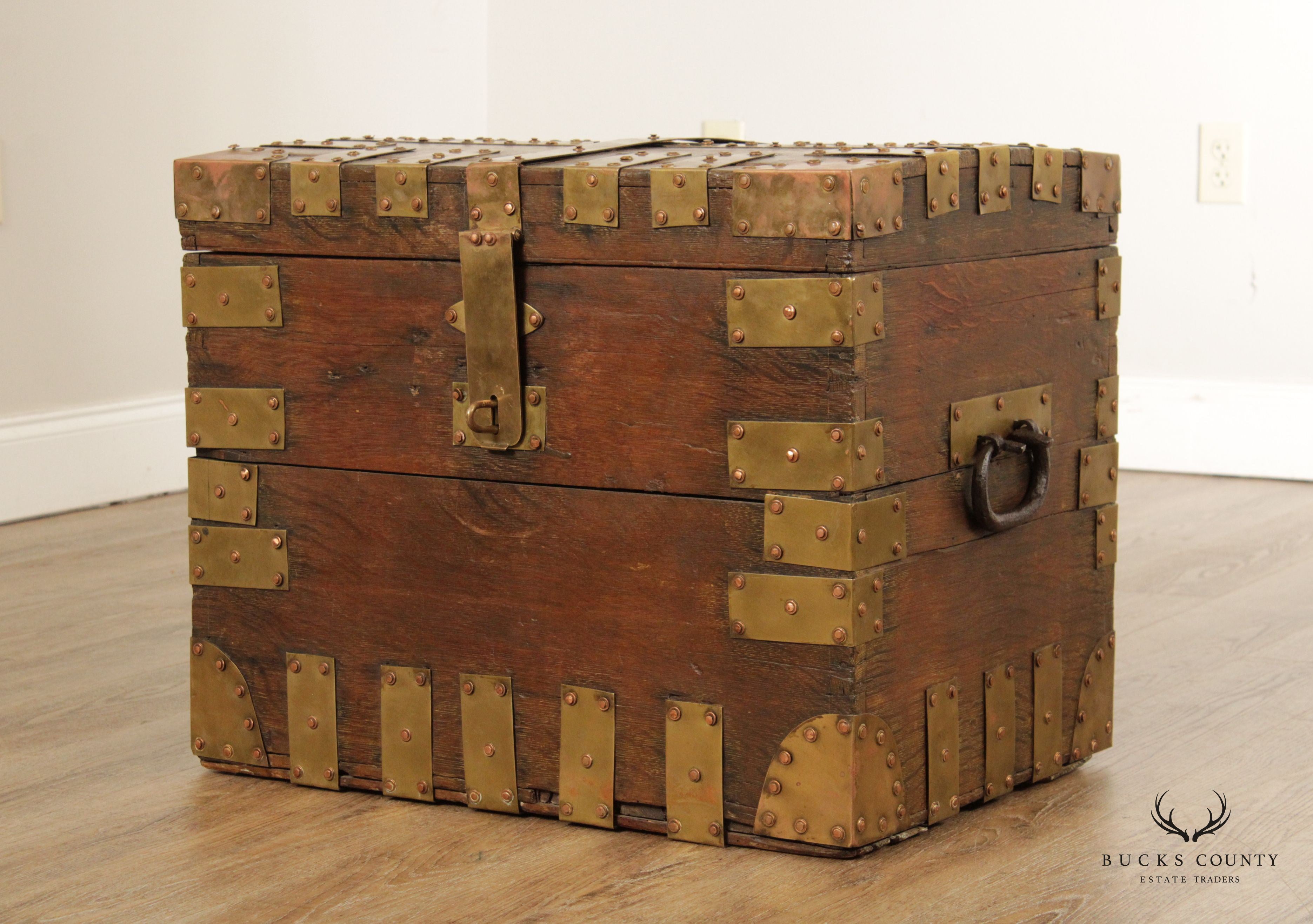 Antique Campaign Style Brass Strapped Trunk Chest