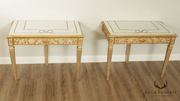 Florentine Pair Gilt Wood and Lacquered Vintage Pair Marble Top Consoles