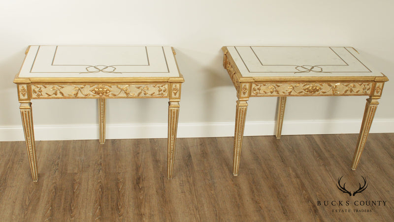 Florentine Pair Gilt Wood and Lacquered Vintage Pair Marble Top Consoles