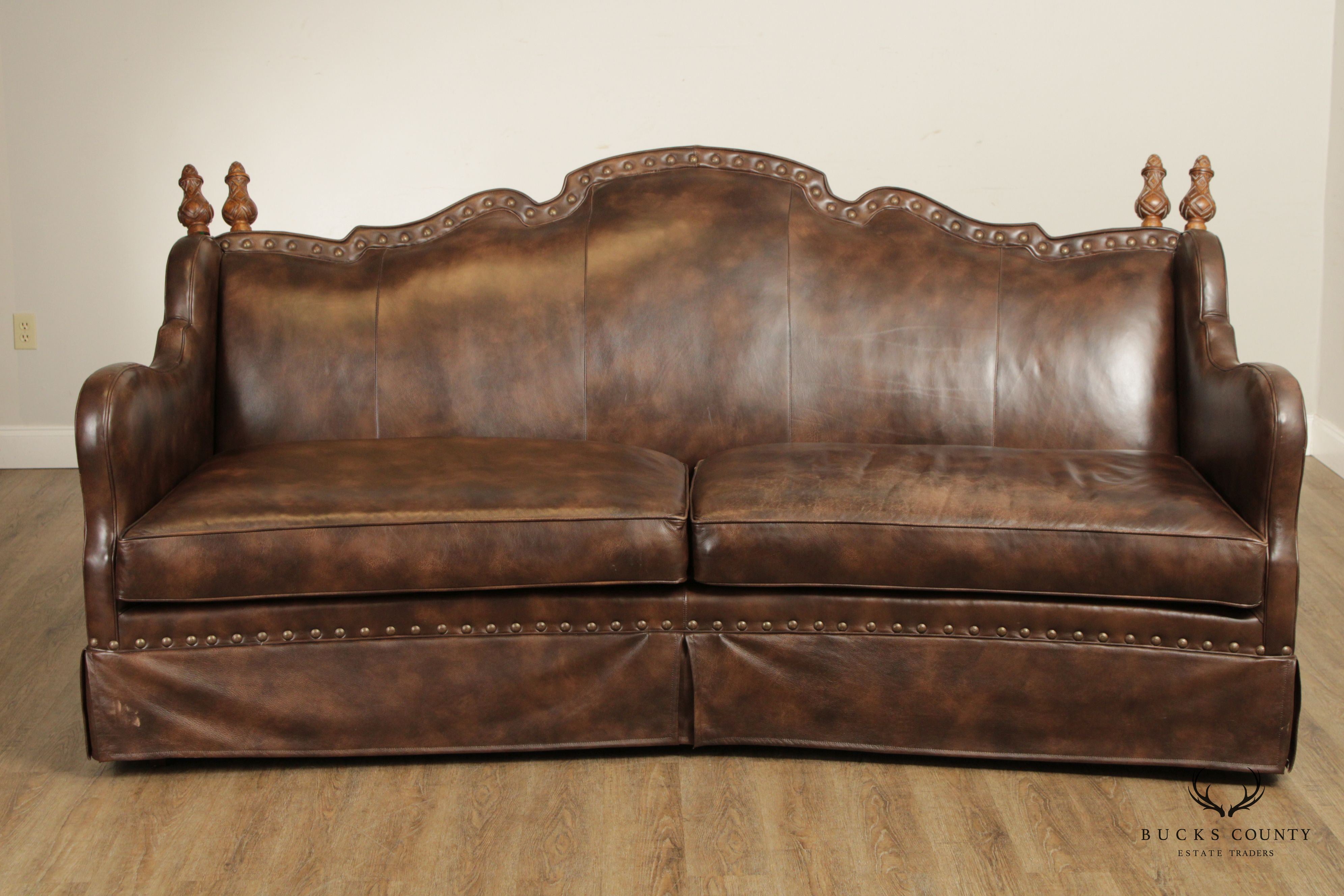 Century Furniture Spanish Revival Style Brown Leather Upholstered Sofa