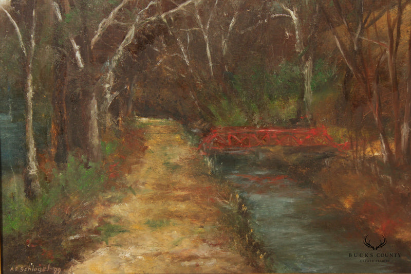 1990s Woodland Stream Original Painting, Signed 'A. E. Schlegel'