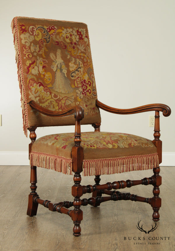 French Louis XIII Style Antique Walnut Tapestry, Needlepoint Armchair