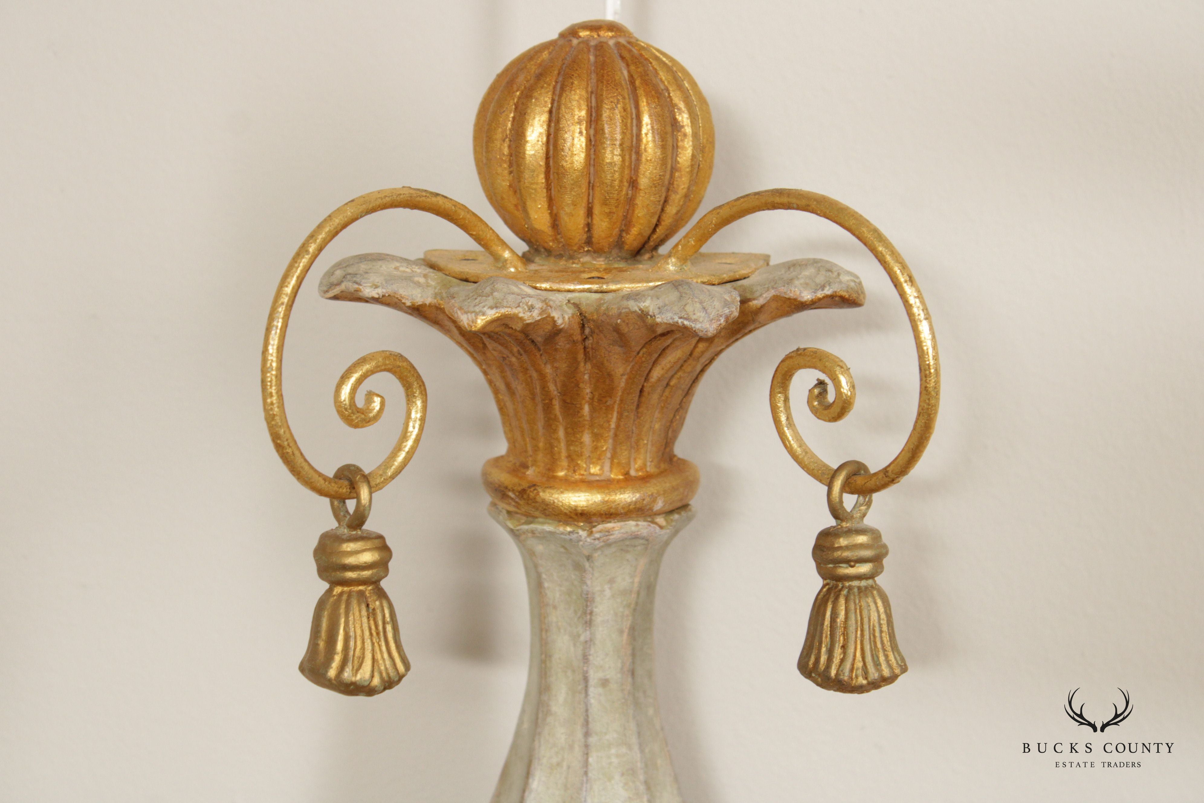 Italian Hollywood Regency Pair Parcel Gilt 2-Light Wall Sconces