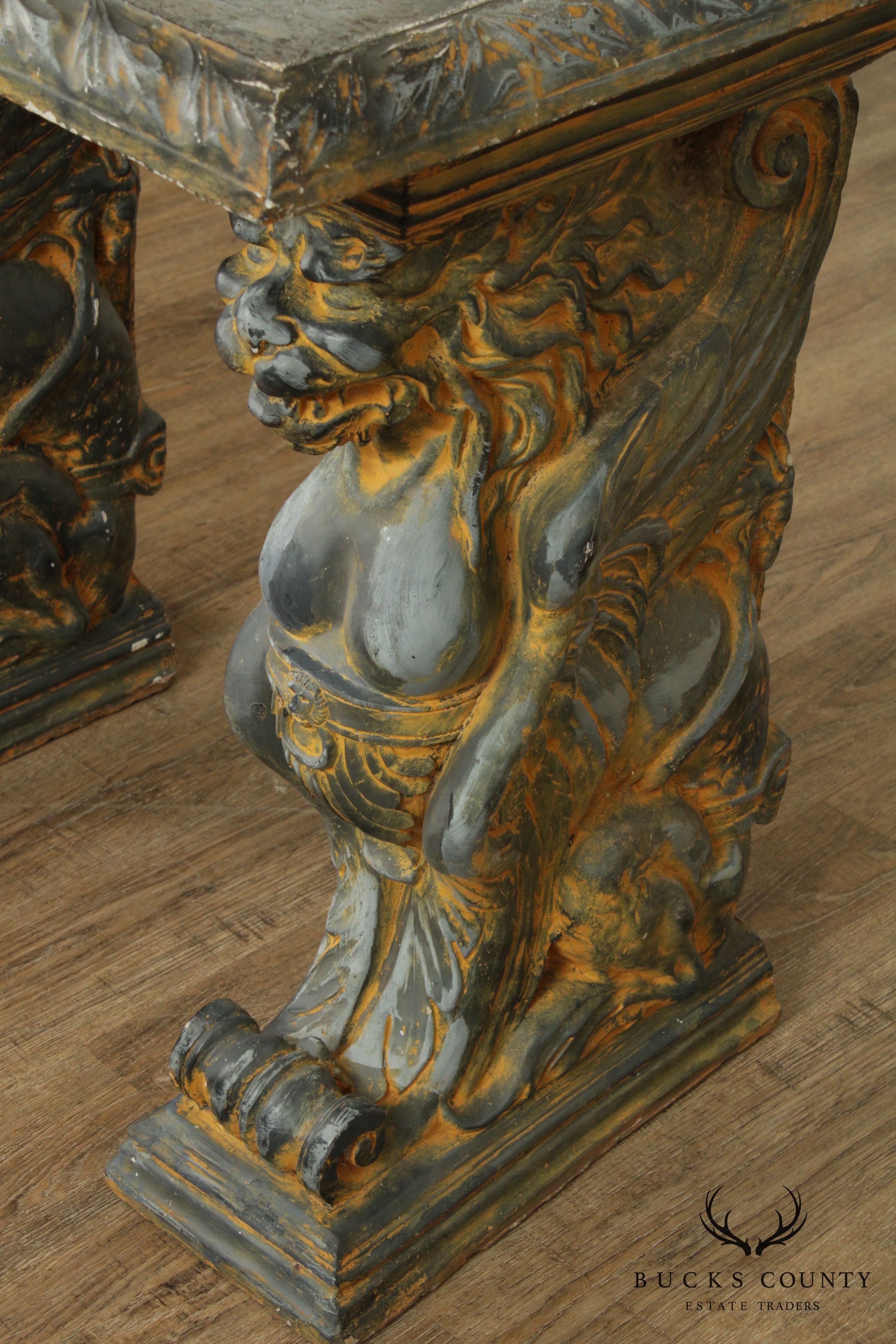 Vintage Cast Stone Winged Griffin Console Table