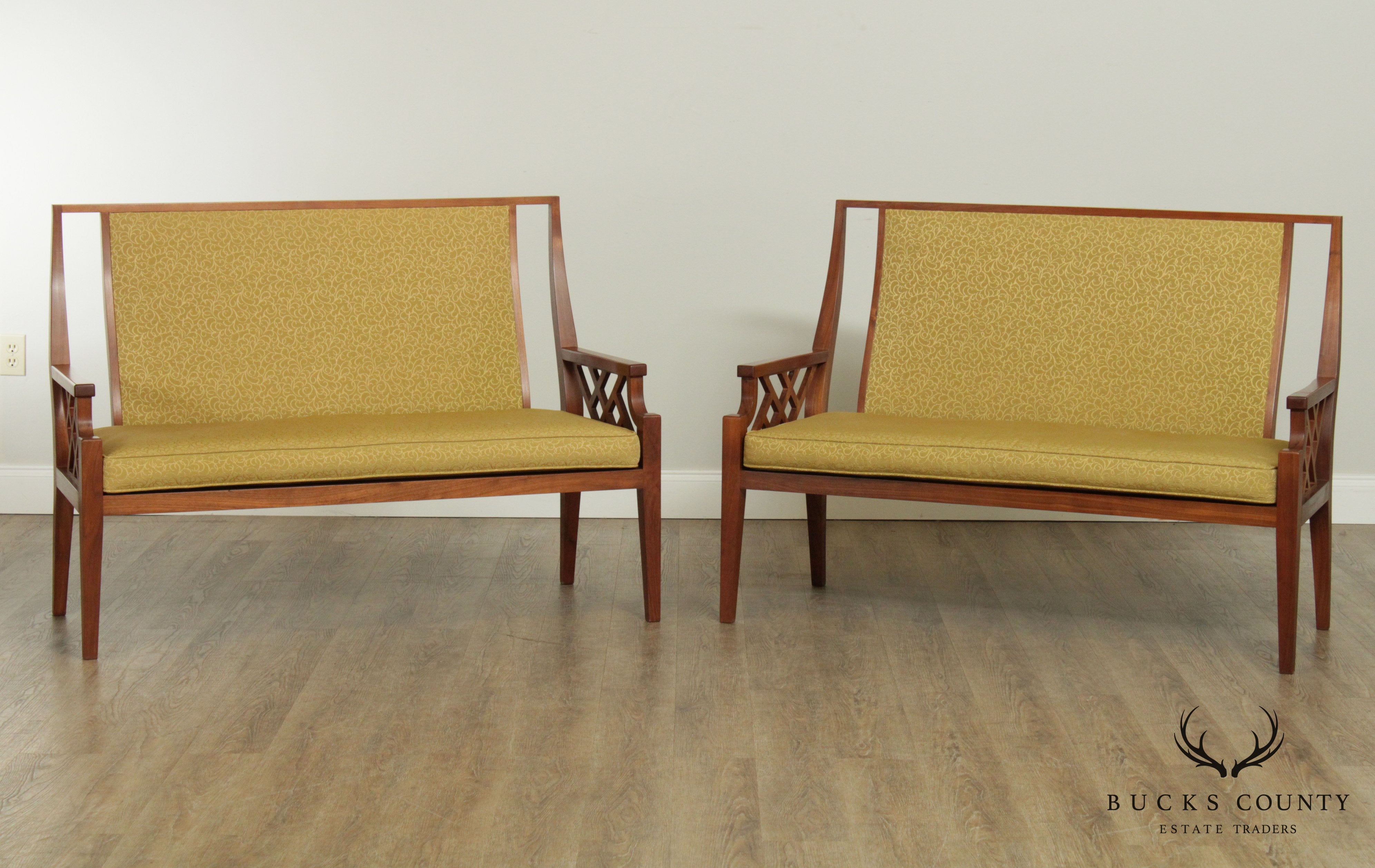 Mid Century Modern Custom Quality Pair Walnut Settees