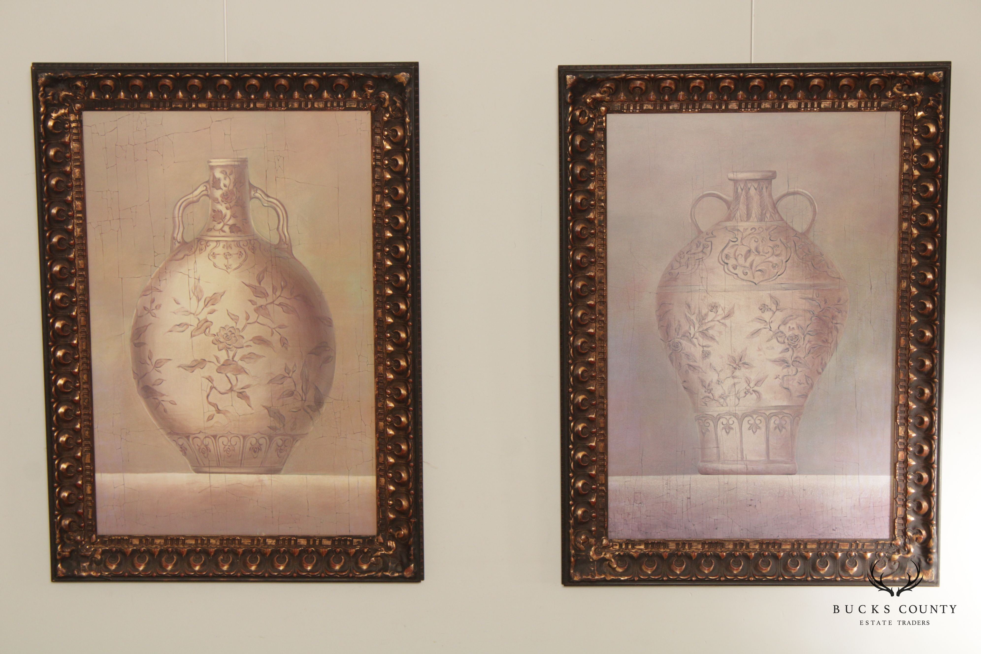 Vintage Pair of Antiqued Urn Vase Art Prints, Custom Framed