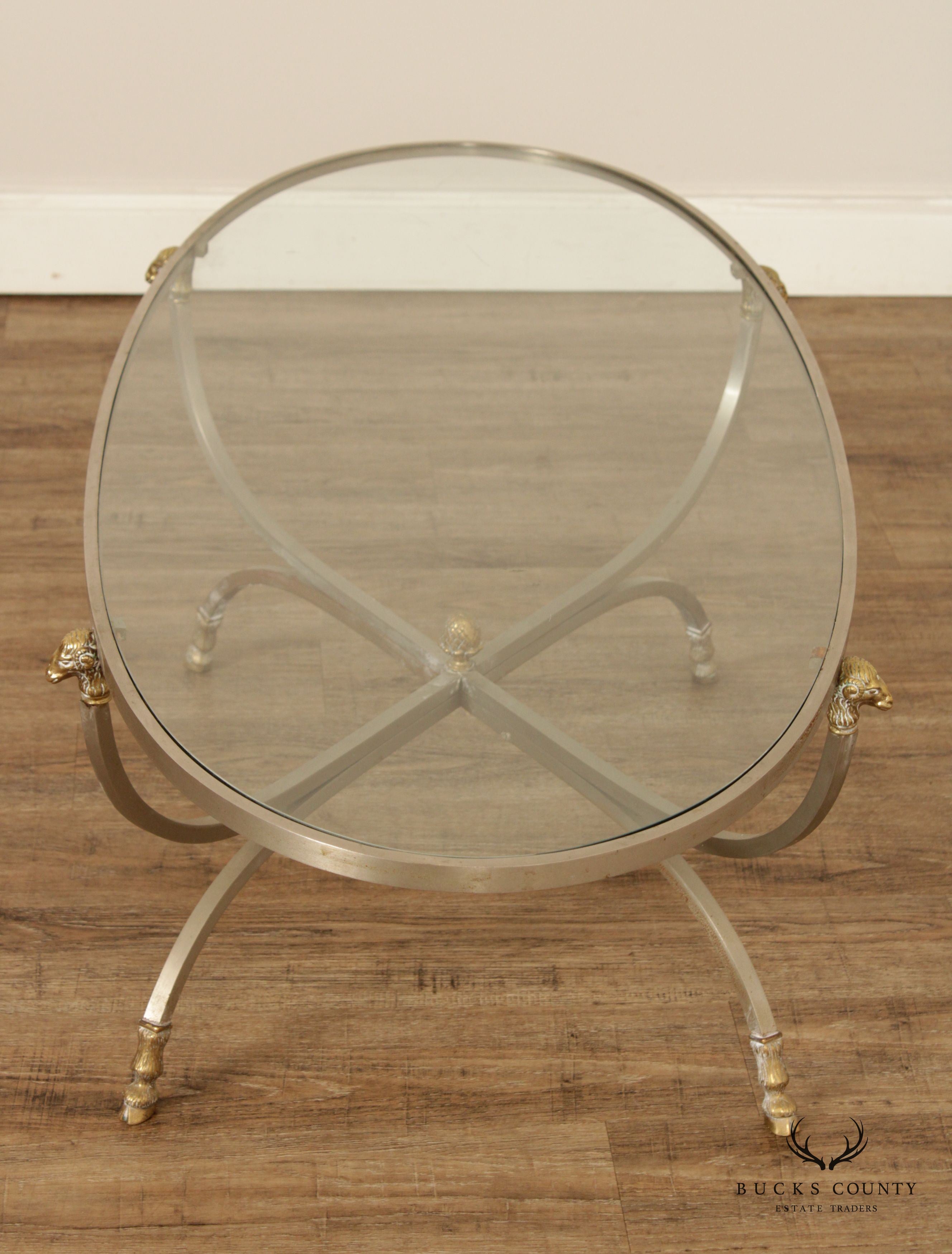 Directoire Neoclassical Style Vintage Brushed Steel, Brass, and Glass Top Coffee Table