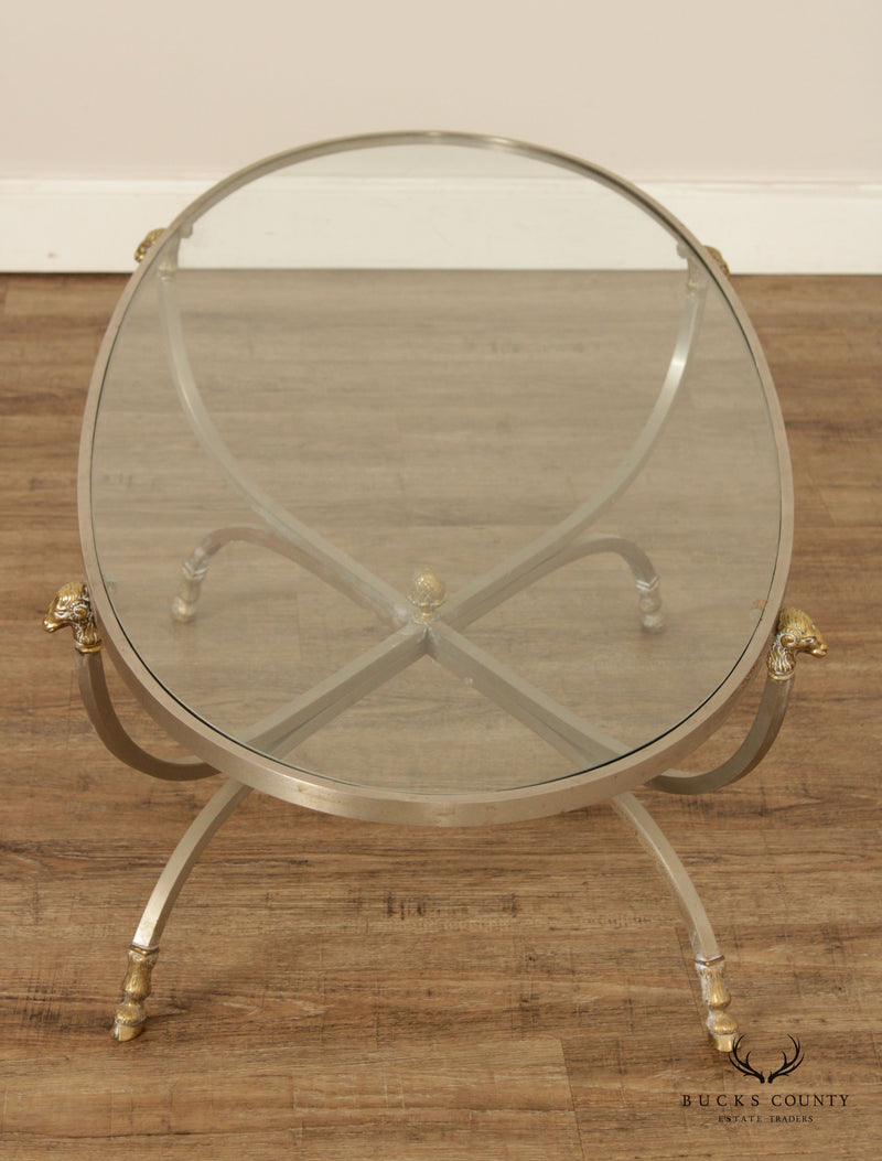 Directoire Neoclassical Style Vintage Brushed Steel, Brass, and Glass Top Coffee Table