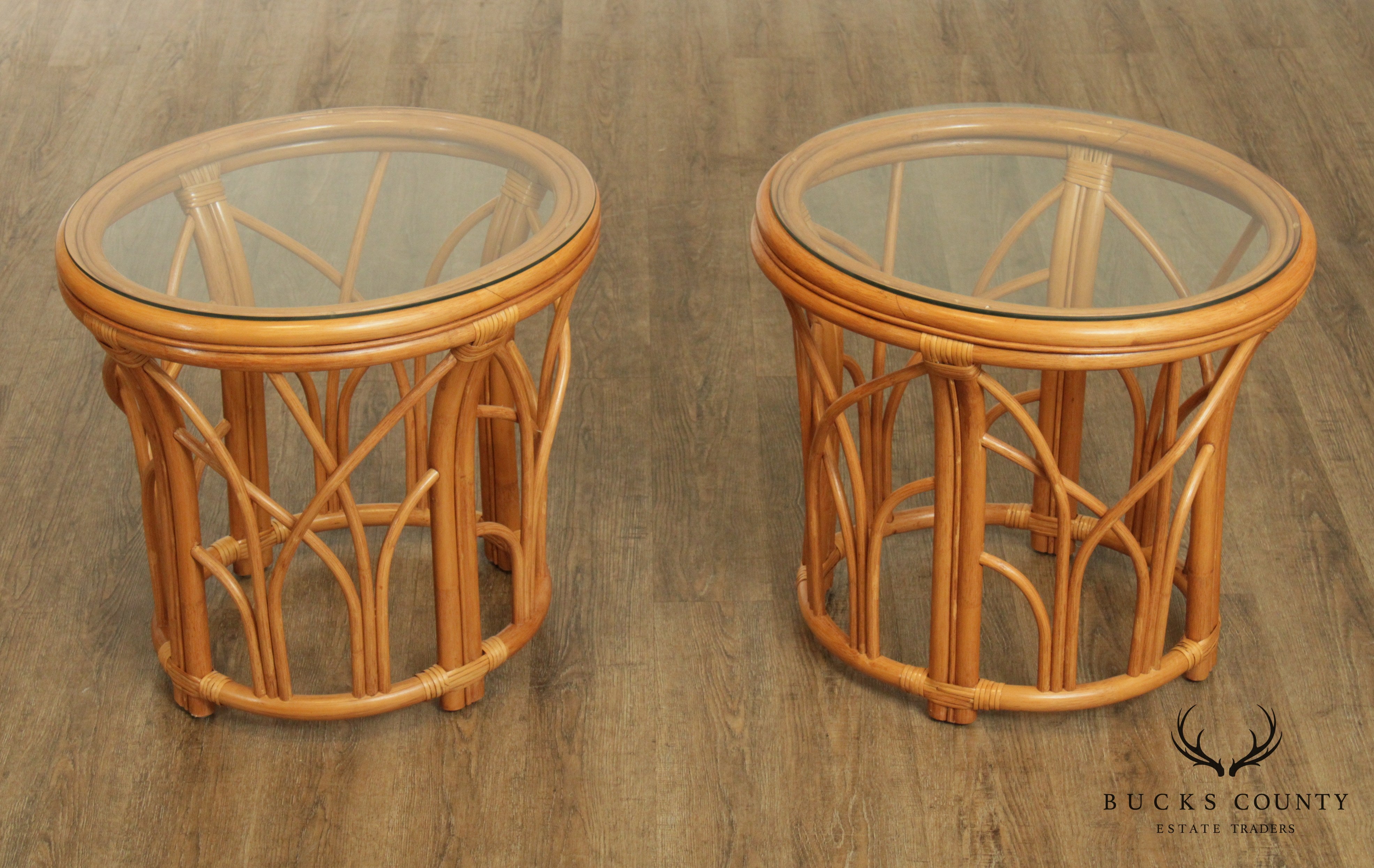 Quality Vintage Pair Rattan Round Glass Top Side Tables