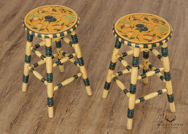 Country Style Pair of Hand Painted Wood Counter Stools