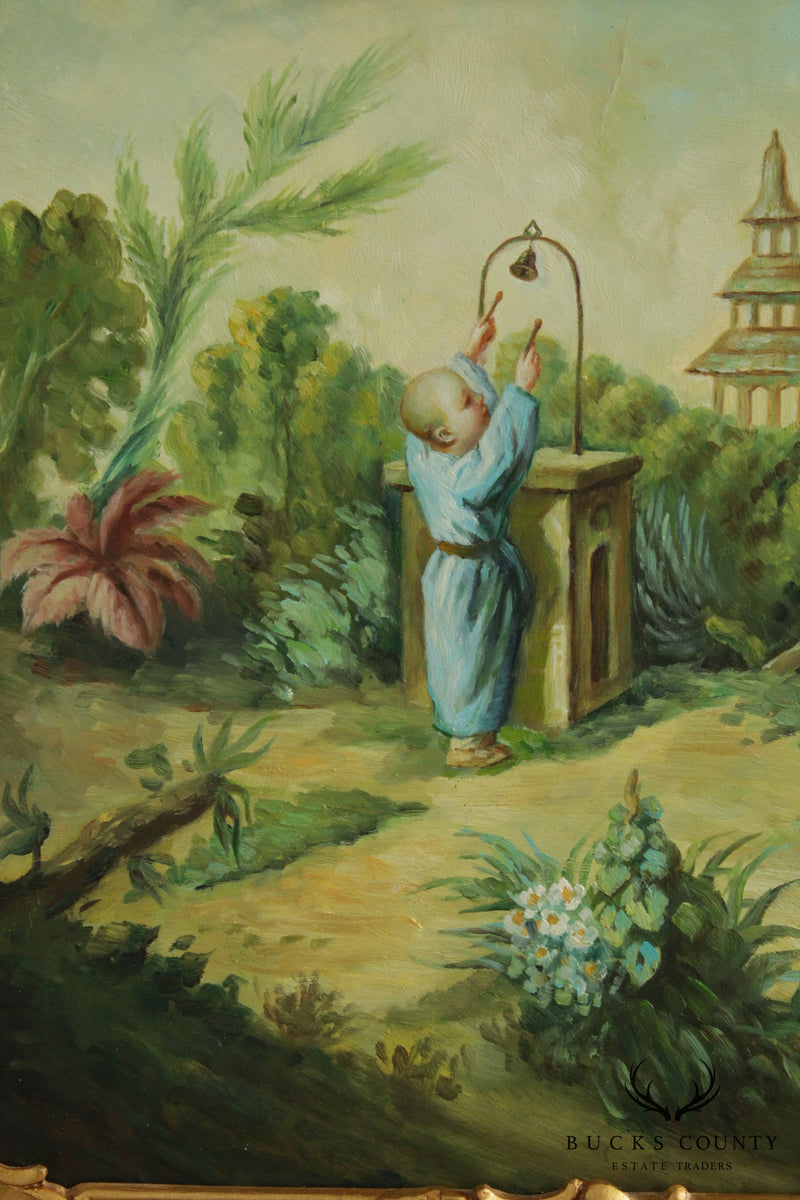 Asian Garden Landscape Original Oil Painting in Custom Gilt Frame