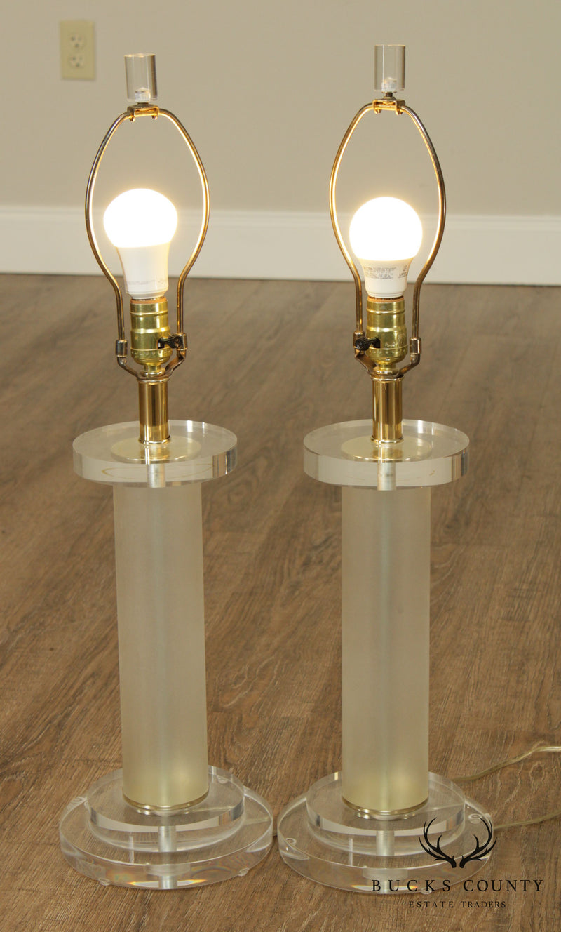 Clearlite By Bauer Mid Century Modern Pair Lucite Column Table Lamps