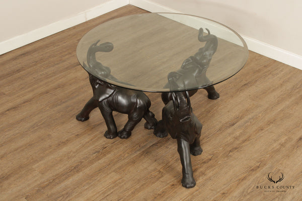 Contemporary Trio of Elephants Brass & Glass Center Table