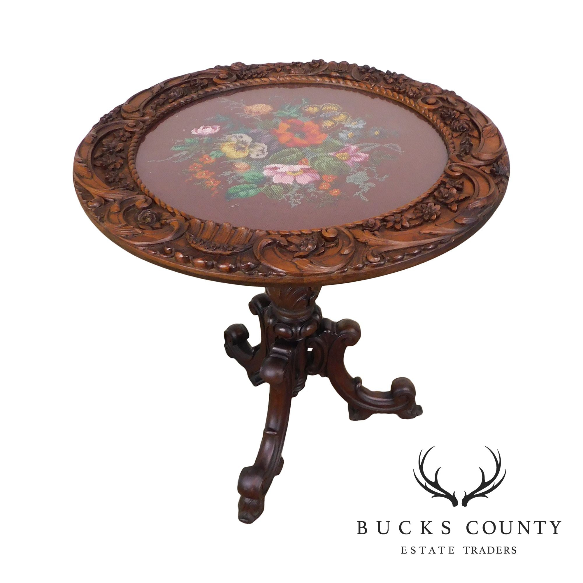 Renaissance Revival Antique Hand Carved Solid Walnut Round Table with Beeded Needlework