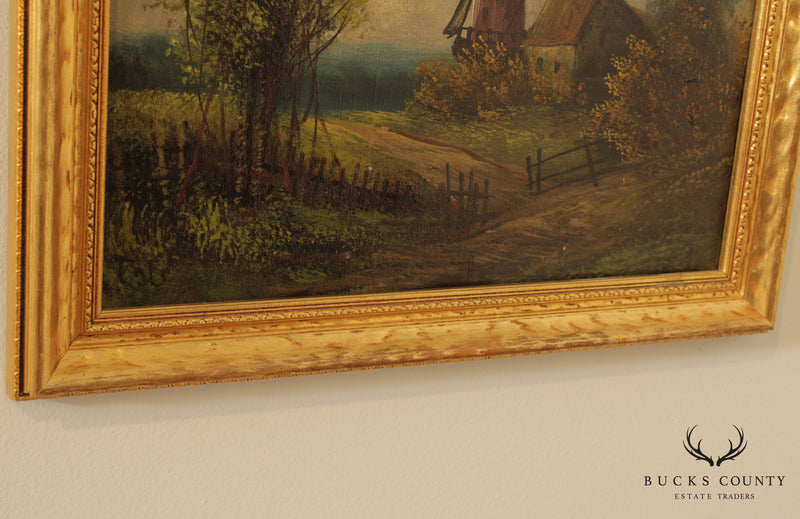 Antique 19th C. Dutch Windmill Cottage Original Painting