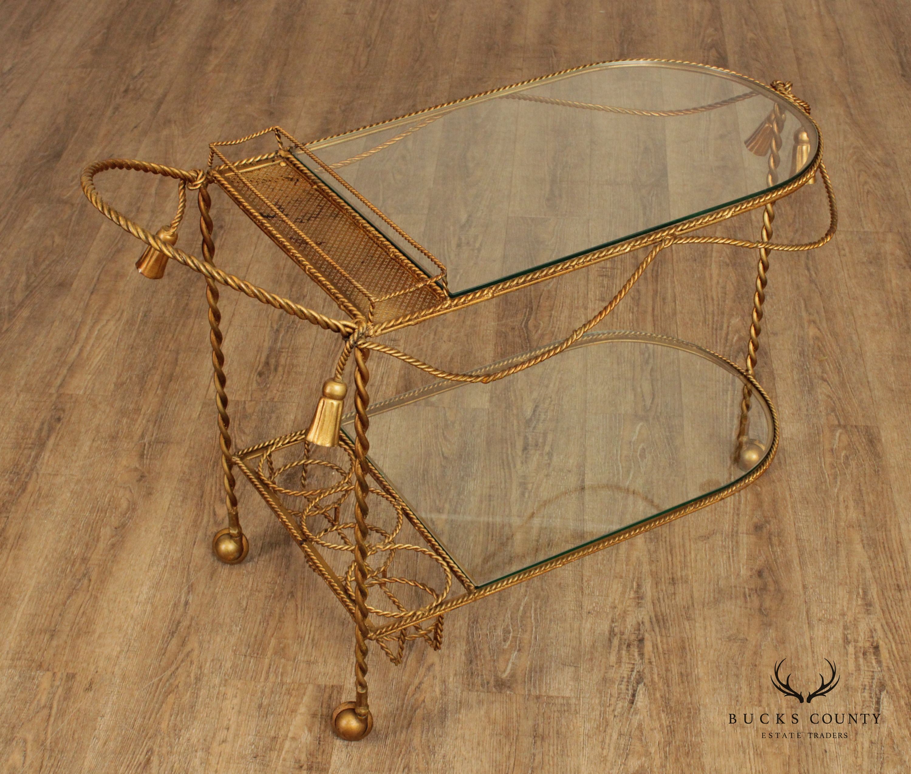 Italian Hollywood Regency Gilt Metal Tassel Bar Cart