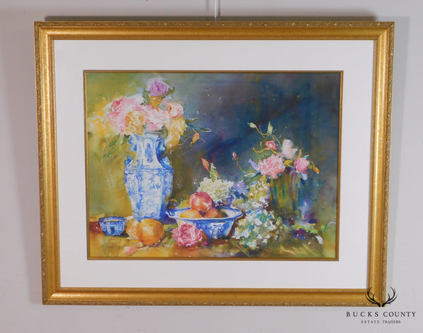 V. Weller Print 21/300 of Watercolor Fruit & Floral Still Life with Blue & White China