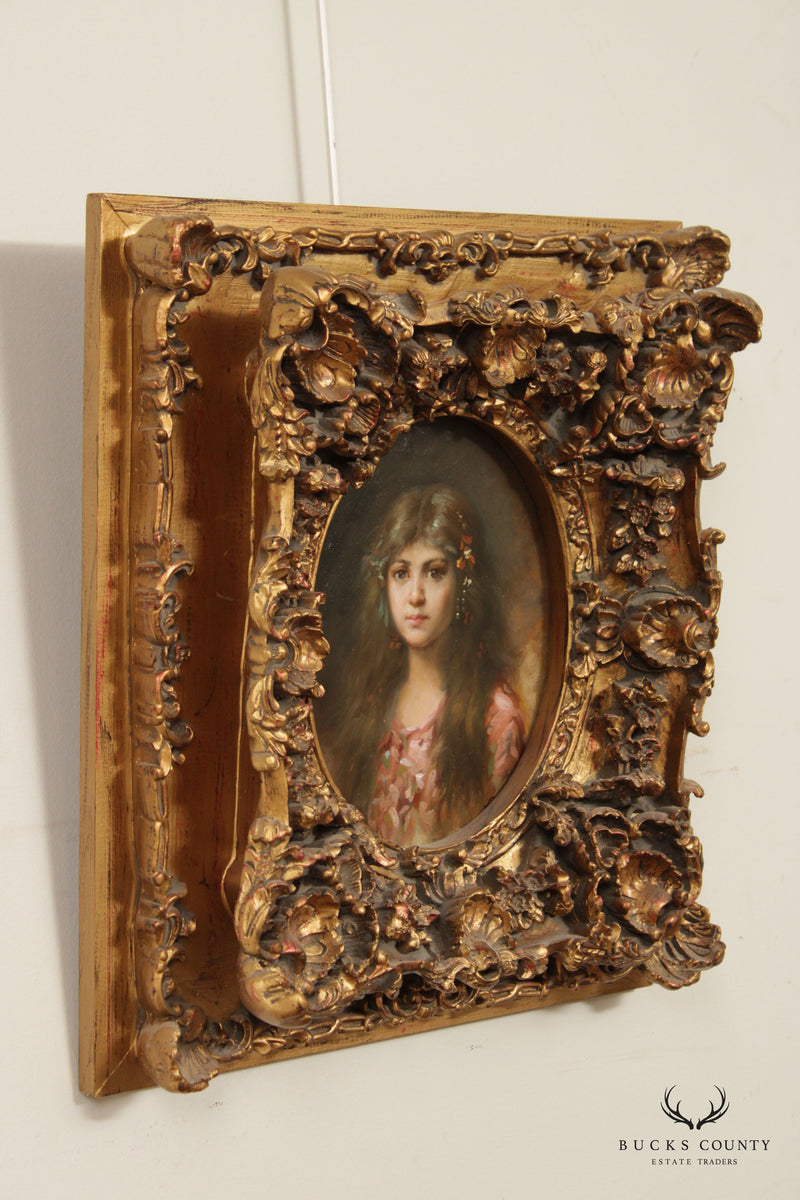Continental Style Portrait of Young Woman Oil Painting, Custom Gilt Framed