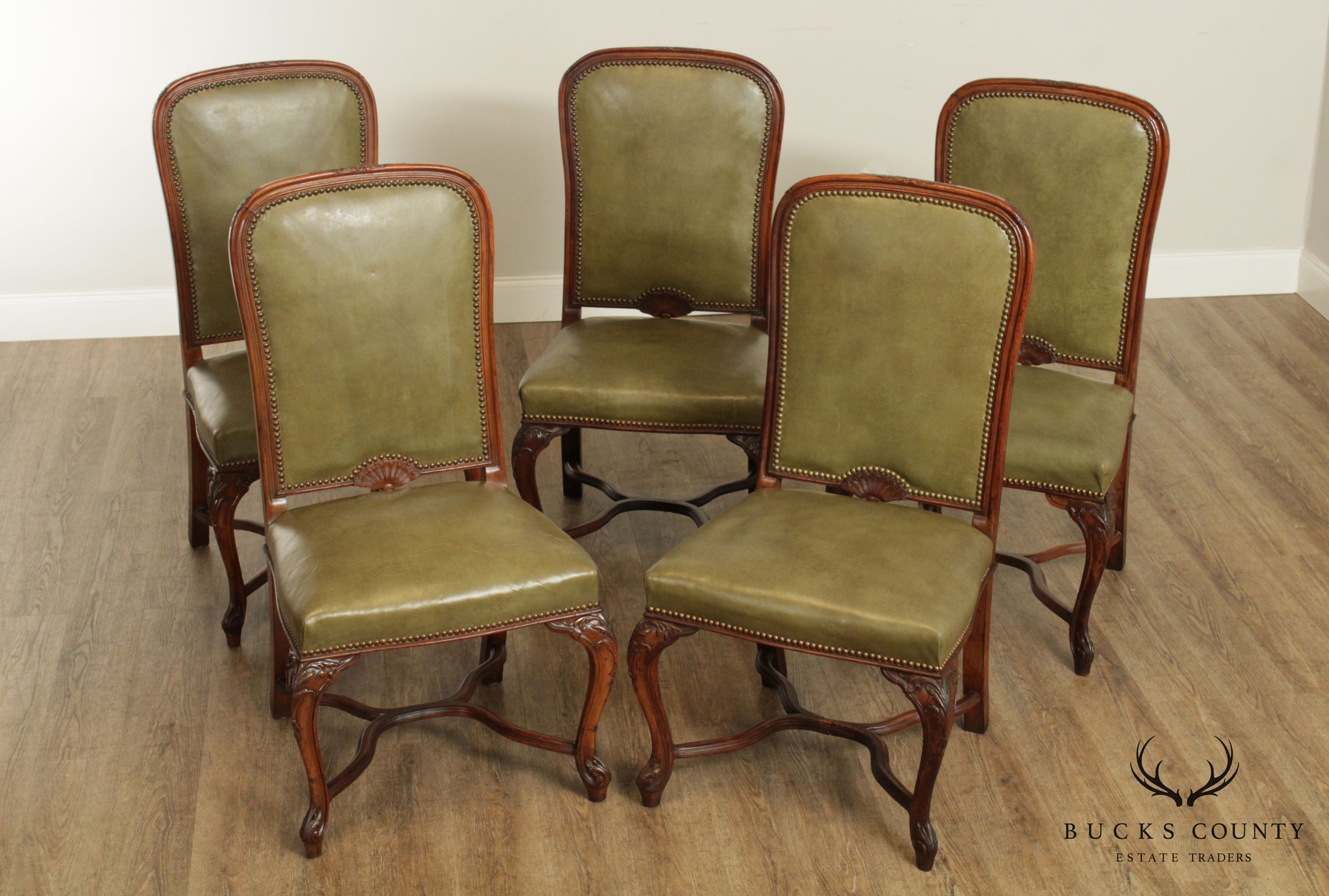 French Louis XV Style Vintage Set 5 Walnut & Green Leather Dining Chairs