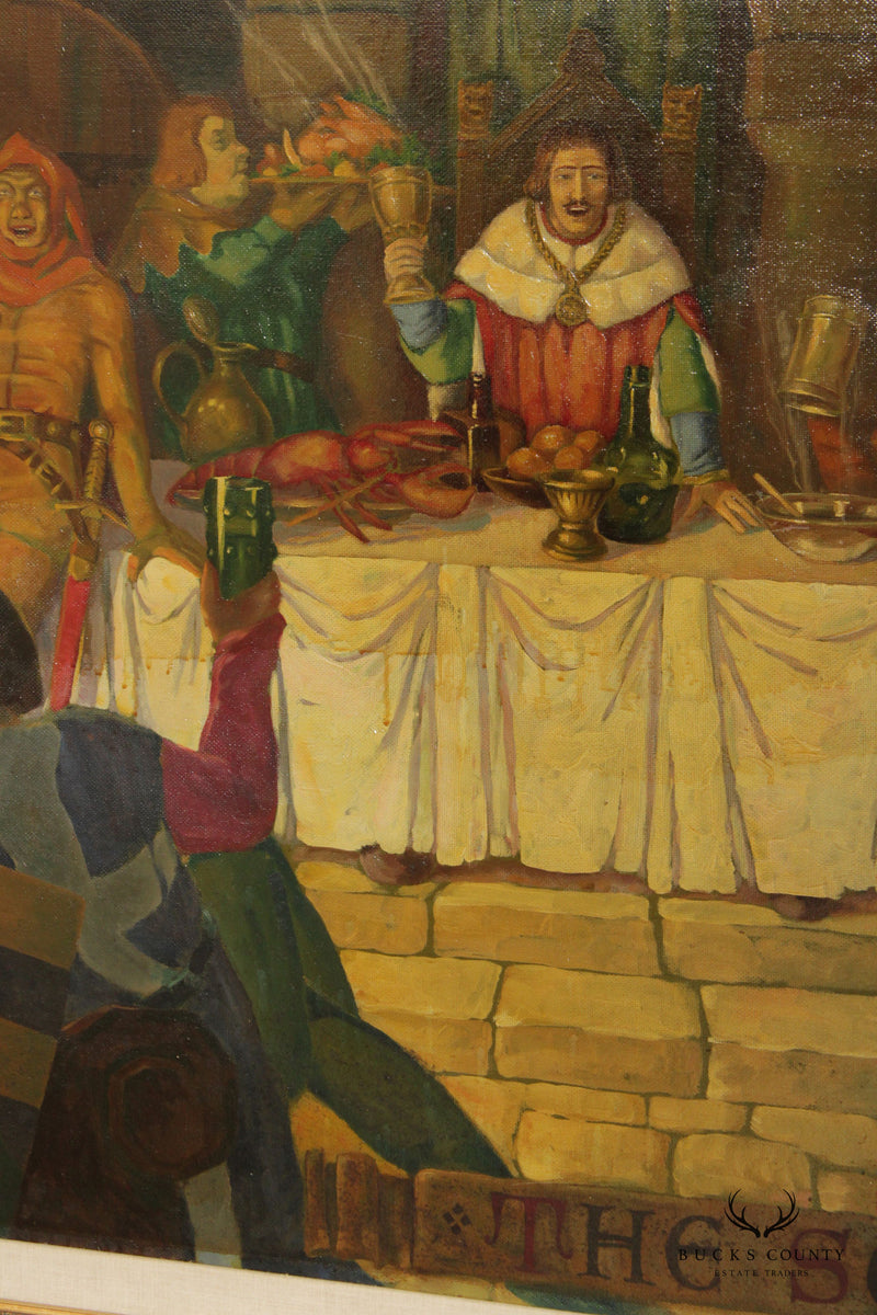 Early 20th C. Medieval Banquet 'The Song' Monumental Original Painting