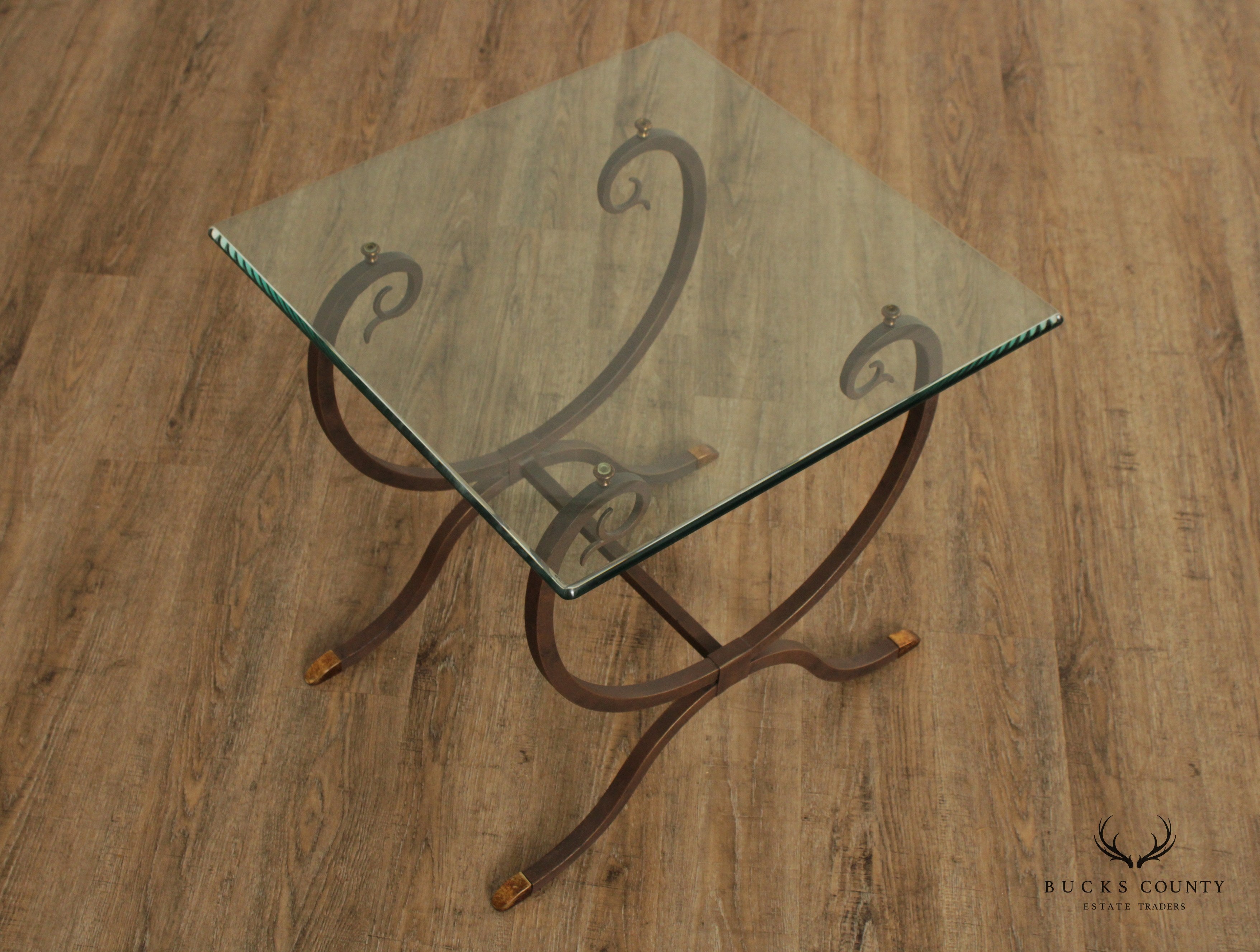 Neoclassical Style Wrought Iron Glass Top Side Table