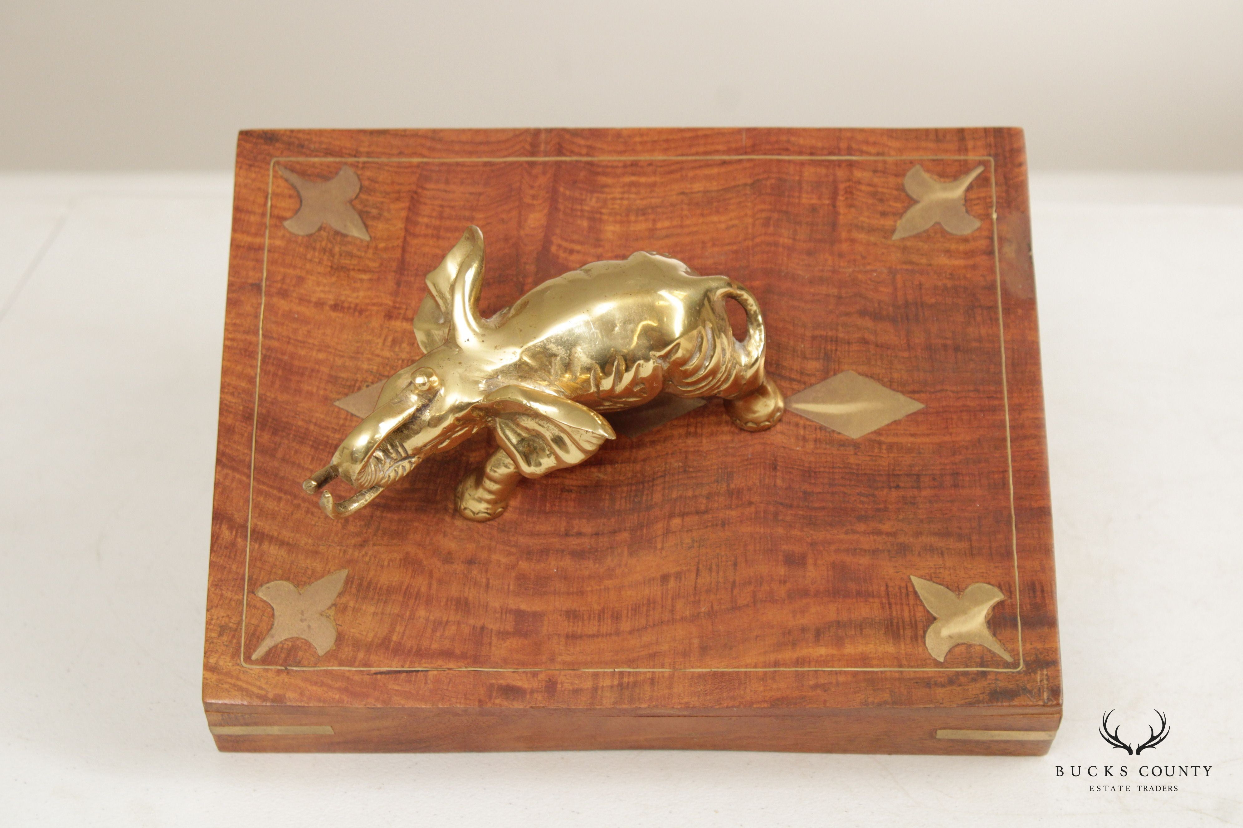 Campaign Style Teak and Brass Elephant Cigar or Jewelry Box