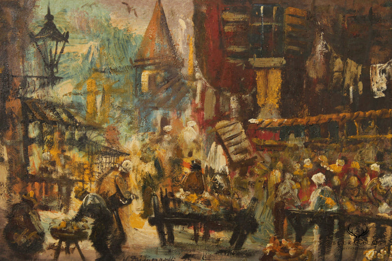 Mid 20th C. European Market Scene Original Painting, Signed