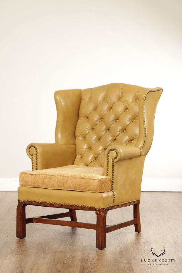 Leathercraft Chippendale Style Tufted Leather Wingback Armchair