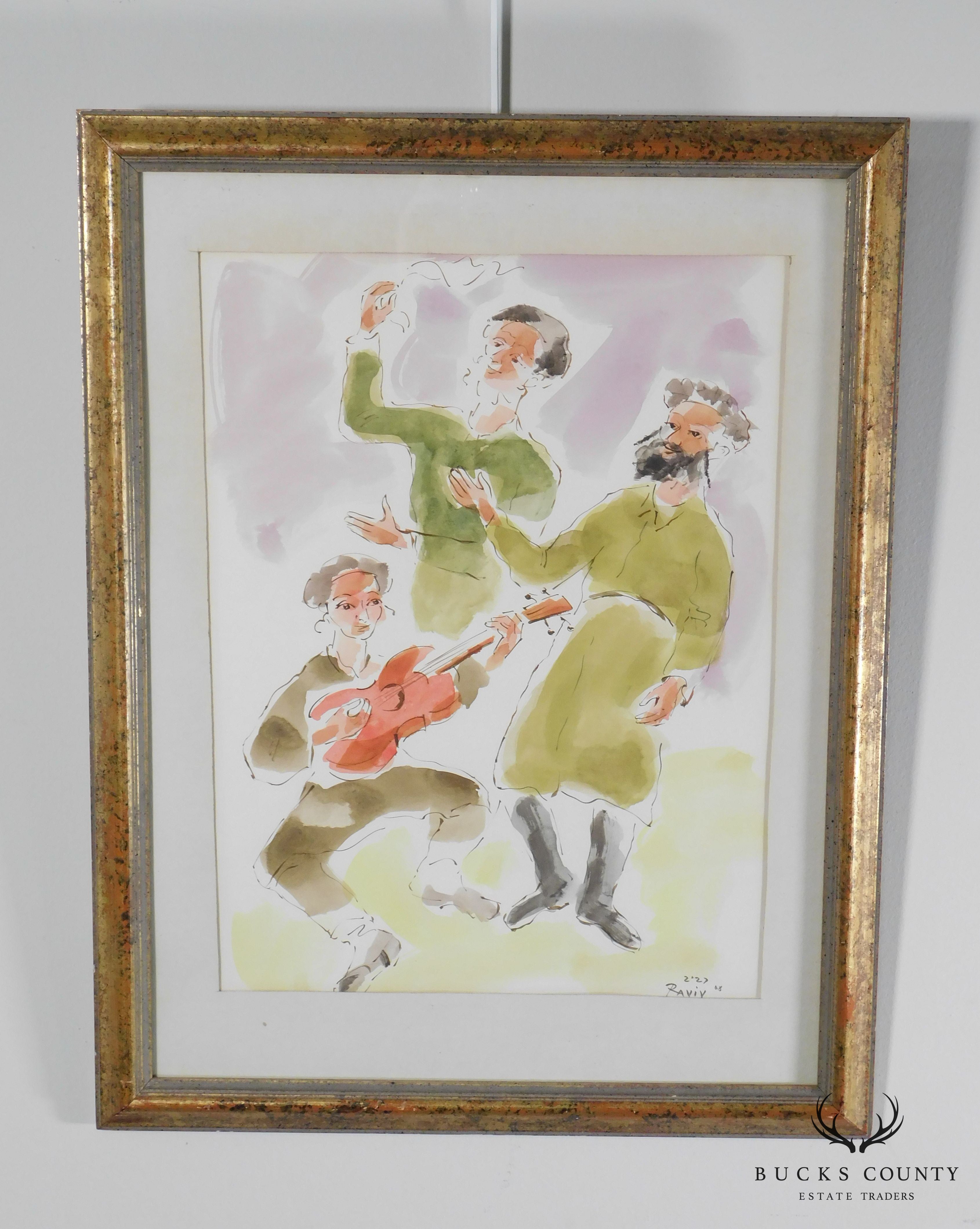 Moshe Raviv "Dancing Hasidim" Original Watercolor on Paper Signed