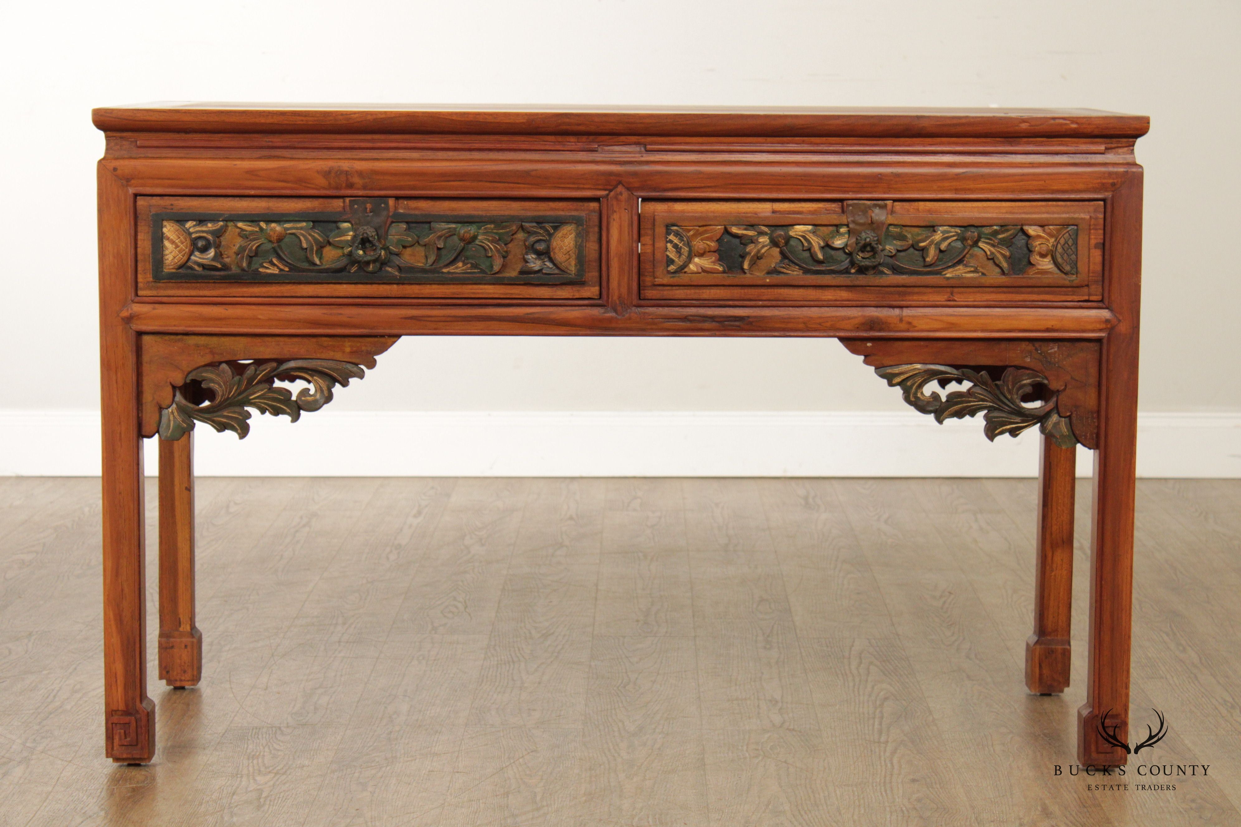 Asian Hardwood Carved Two-Drawer Console Table