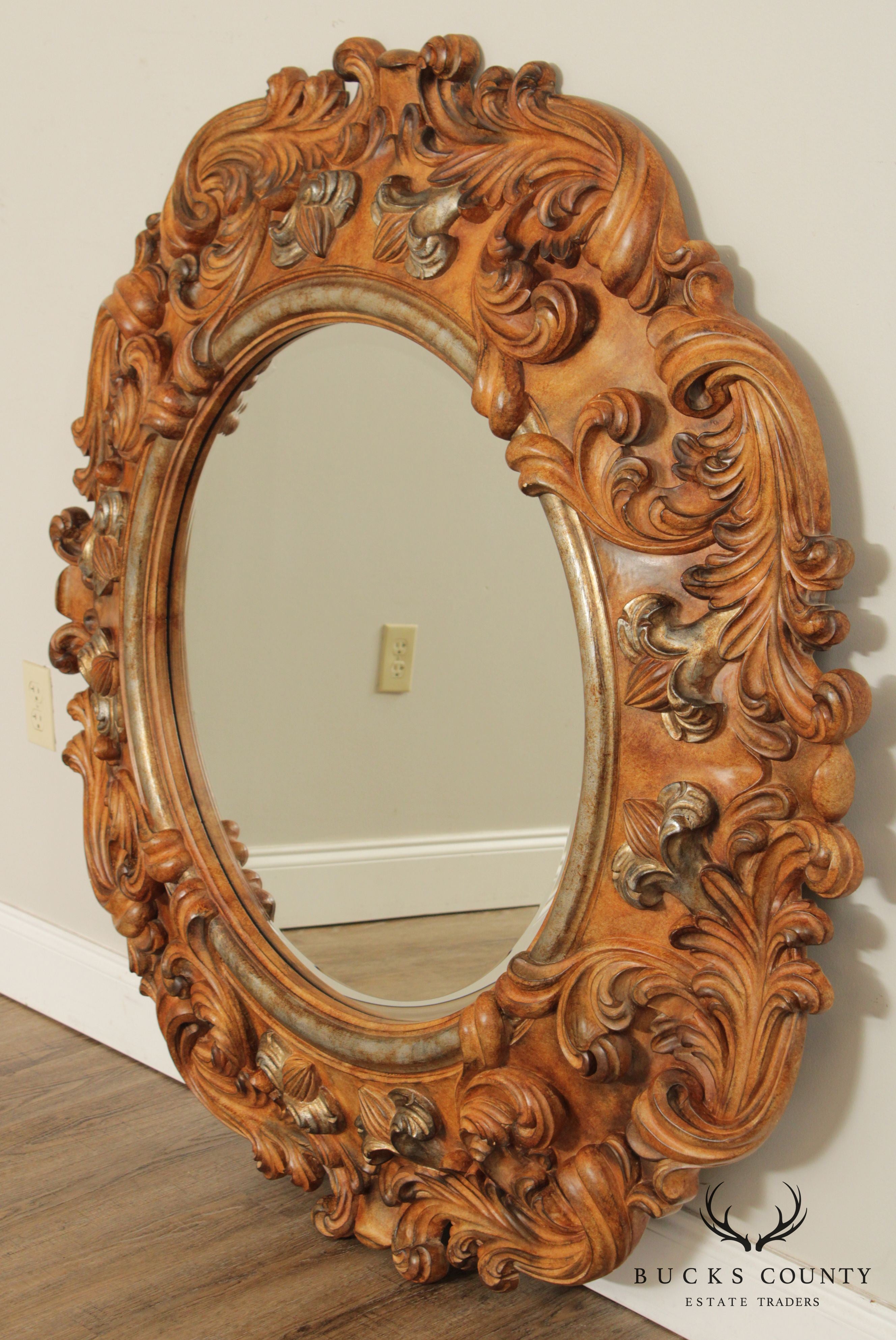 Italian Rococo Style Ornate Carved Round Wall Mirror