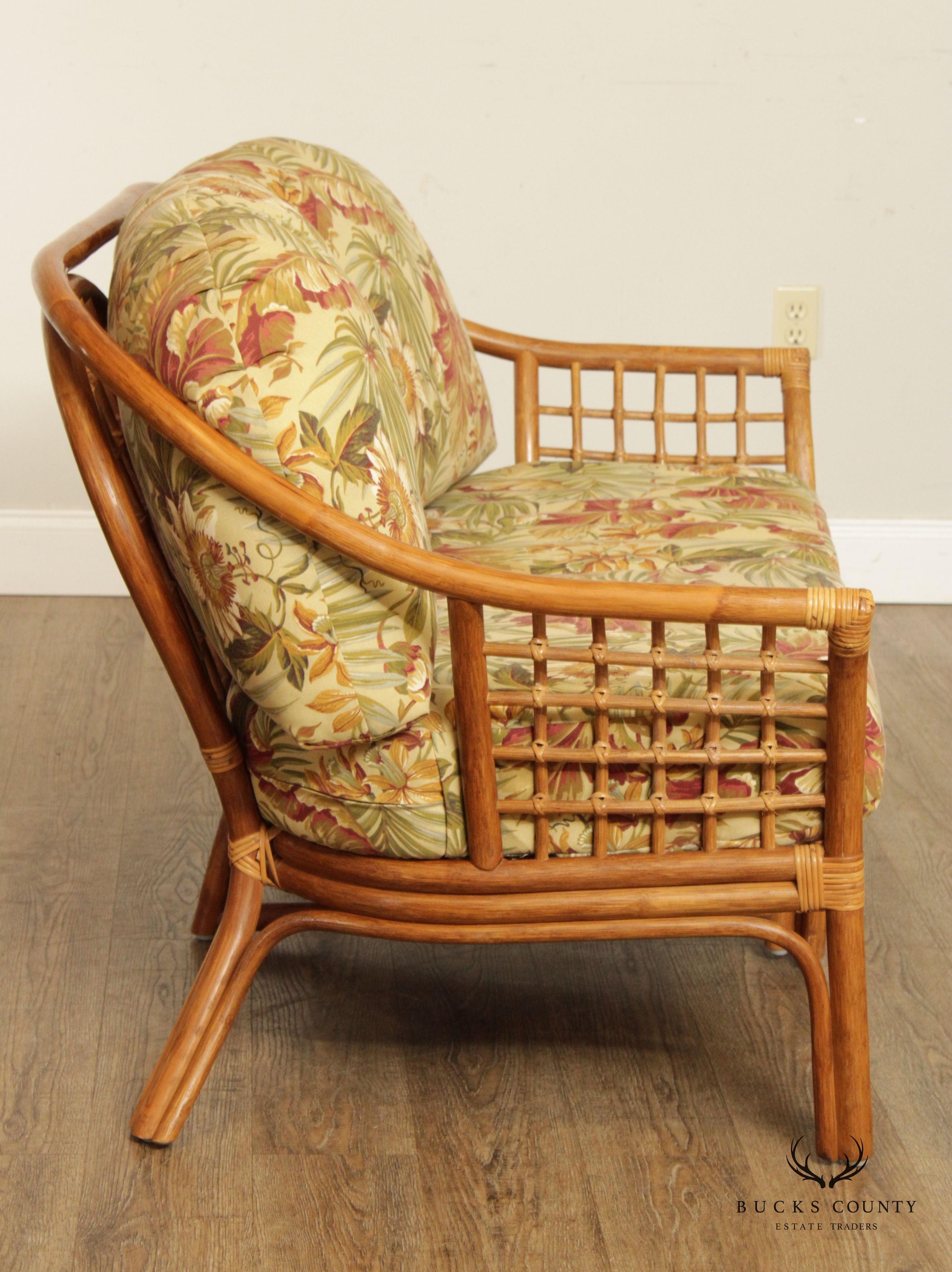 Mid Century Pair Bentwood Rattan Loveseats with Custom Cushions