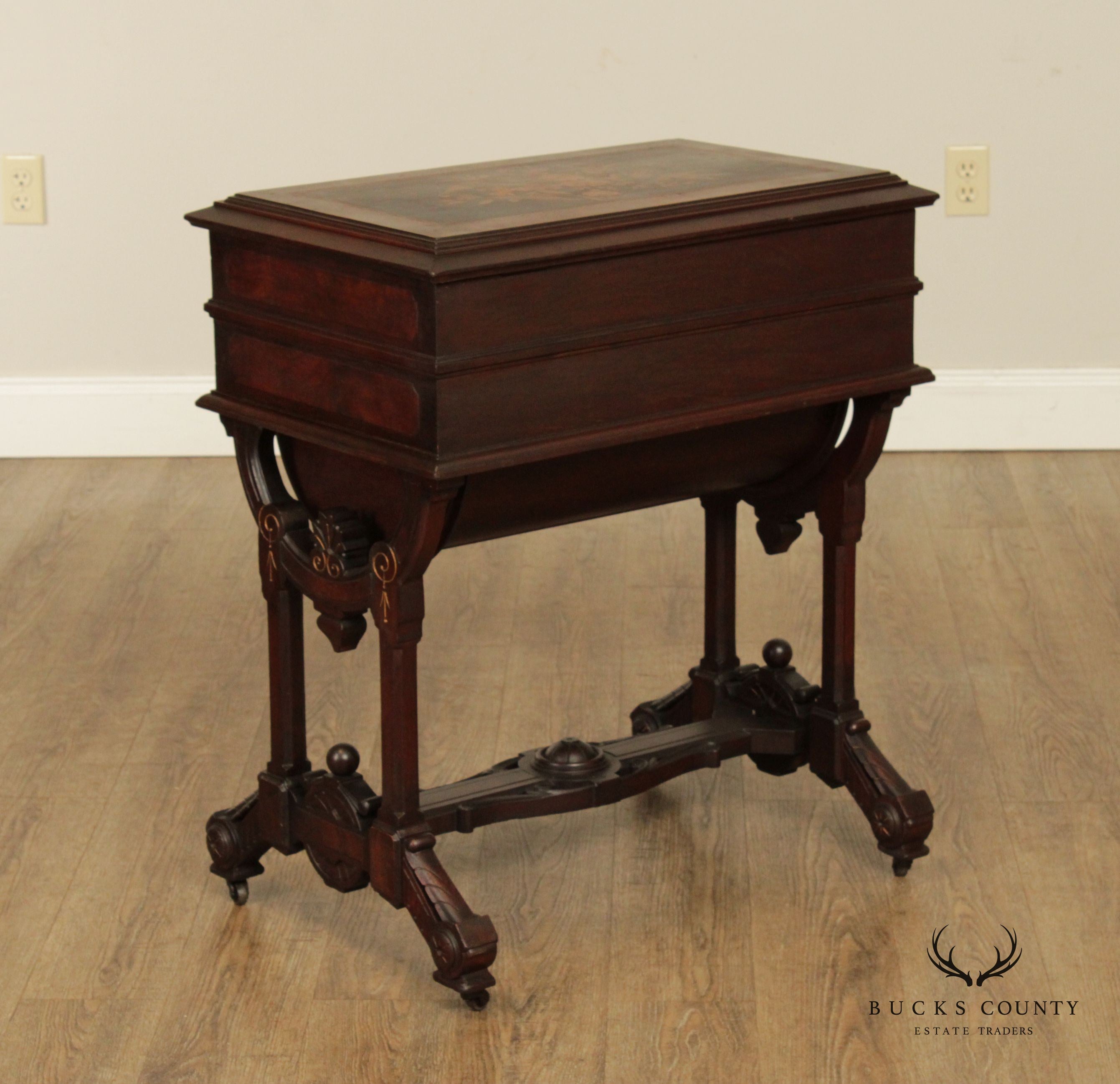 Antique Victorian George Hess Inlaid Walnut Sewing Stand or Dressing Table