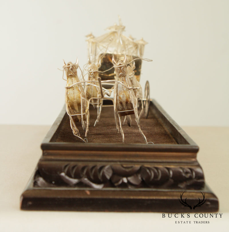 Sterling Silver Wire & Filigree Carriage with Driver and Four Horses, Carved Wood Base