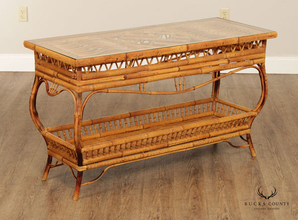 Mid Century Rattan and Curved Bamboo Glass Top Console Table