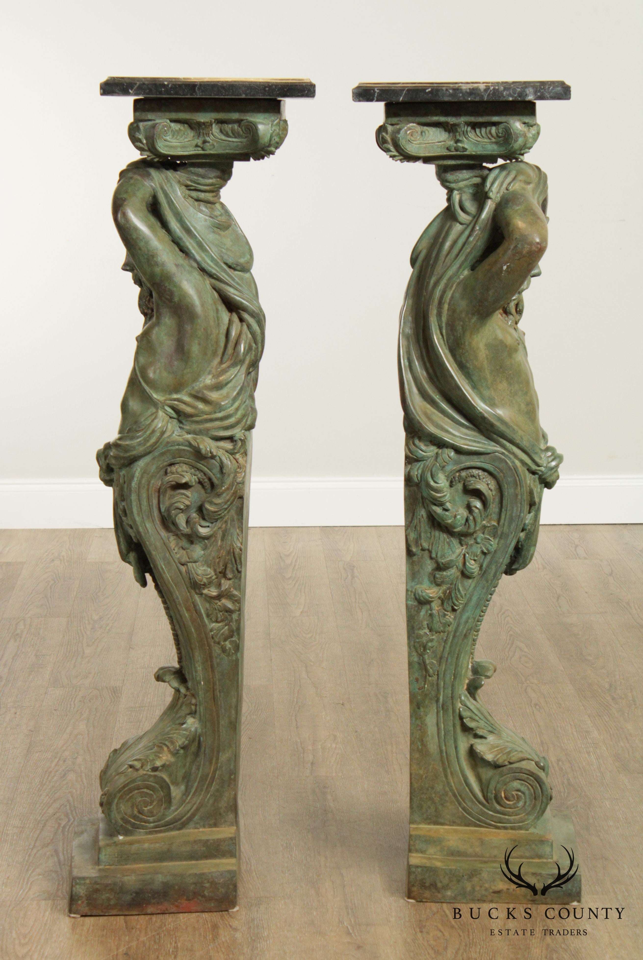 Bronze Marble Top Pair "Telamon" Greek God Statues, 48" Pedestals