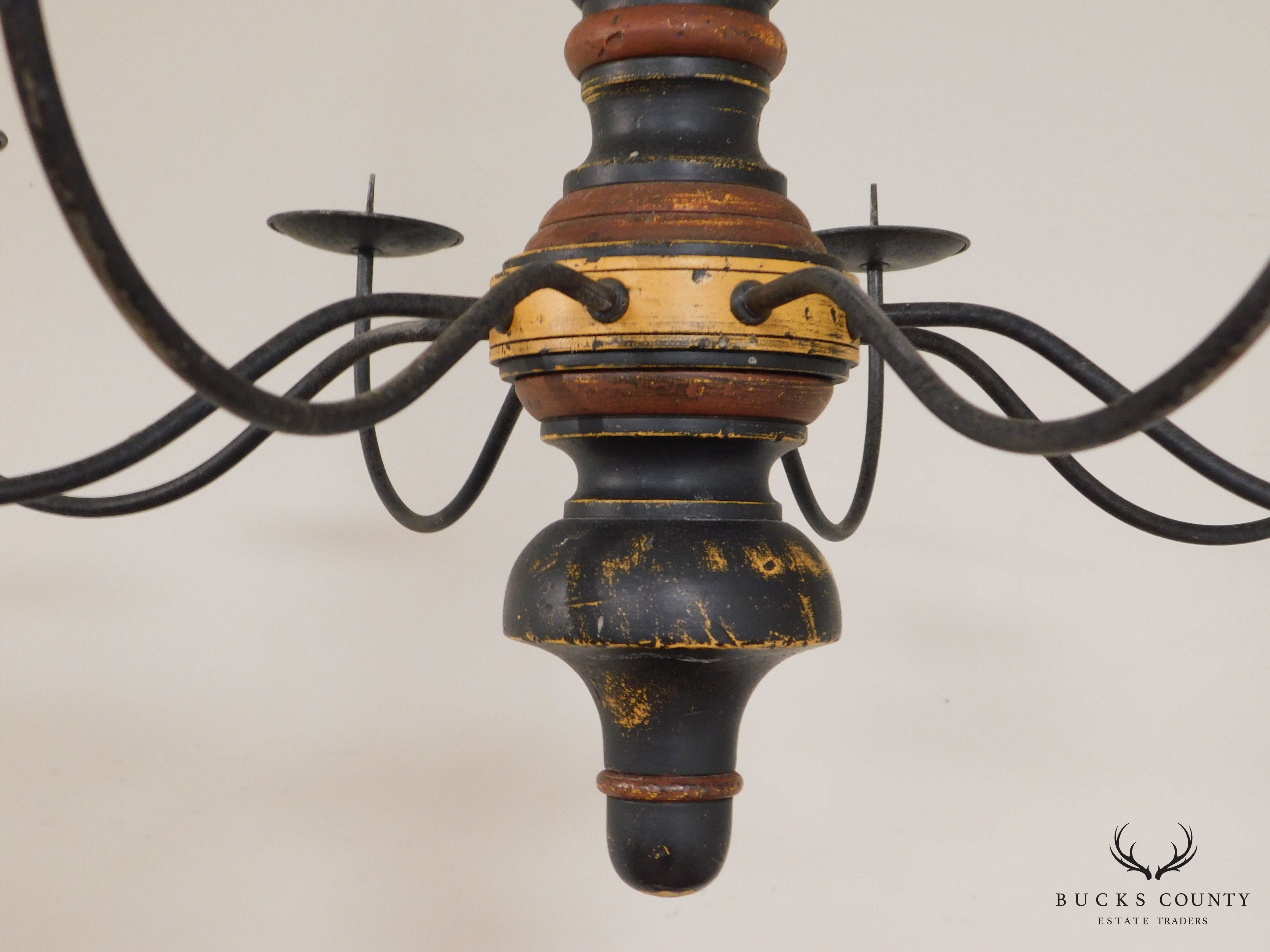 Custom Quality Folk Art 8 Light Turned Wood & Iron Chandelier