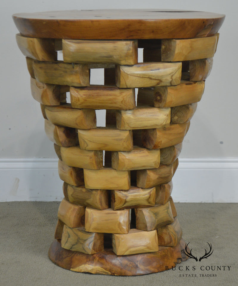 Rustic Round Mixed Stacking Wood Pedestal Side Table